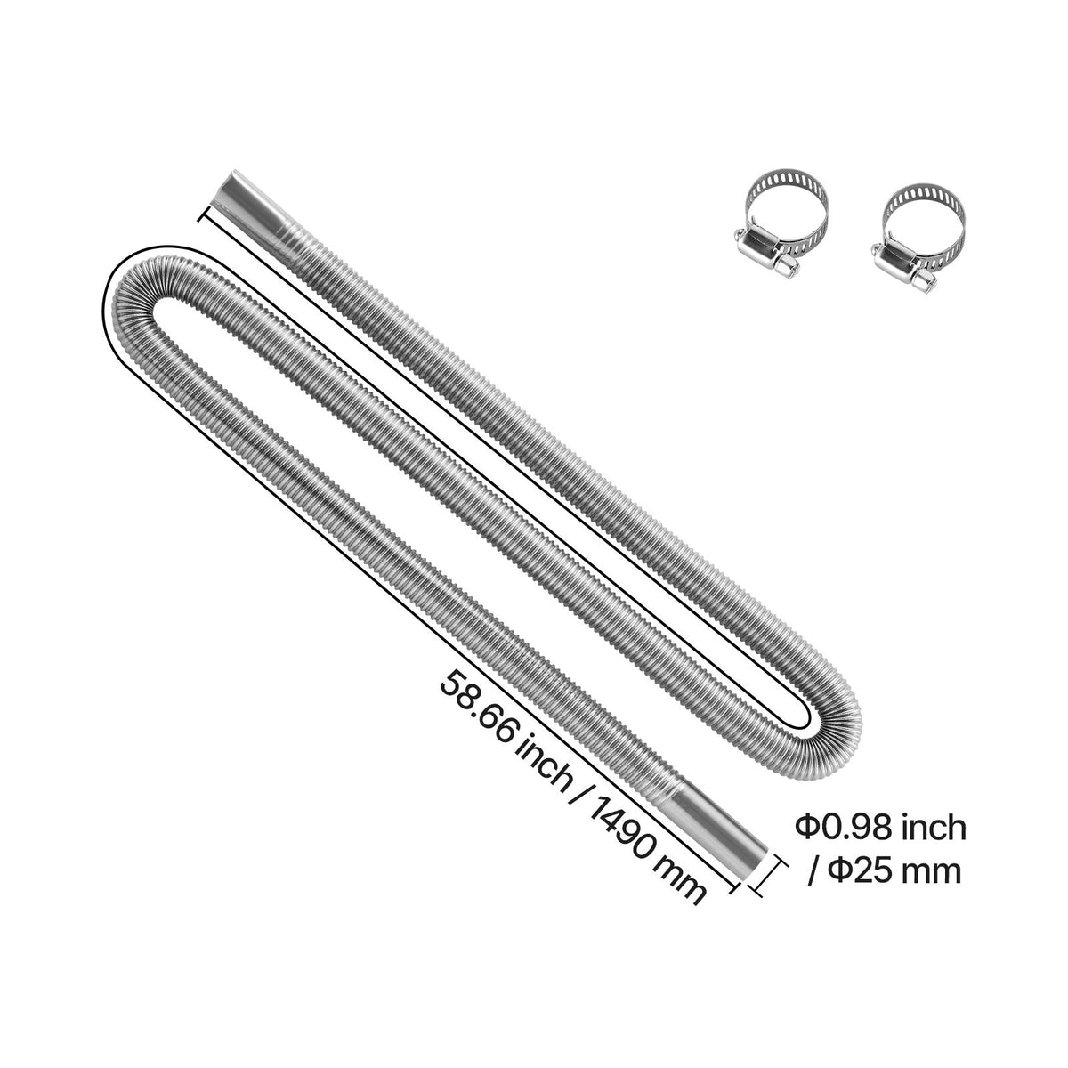 Exhaust Hose, 1490mm Stainless Steel Exhausts Hose, Diesel Heater Flexible Exhaust Pipe with 2 Hose Clamps, Exhausts Hoses Kit Diesel Heater Accessories for 2KW 5KW 8KW Diesels Heaters