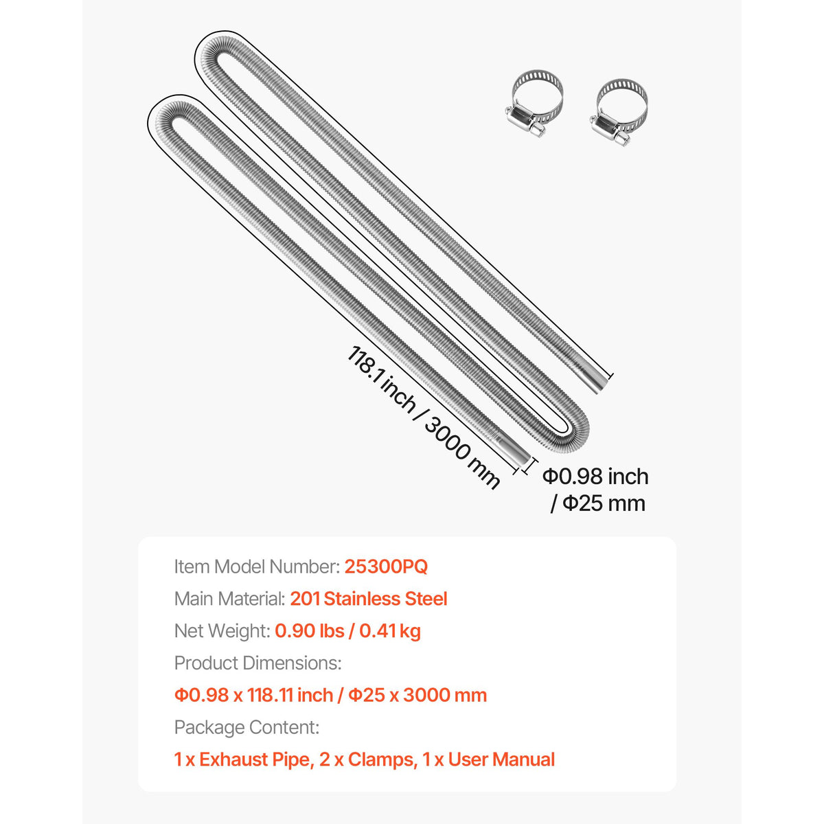 Exhaust Hose, 3000mm Stainless Steel Exhausts Hose, Diesel Heater Flexible Exhaust Pipe with 2 Hose Clamps, Exhausts Hoses Kit Diesel Heater Accessories for 2KW 5KW 8KW Diesels Heaters