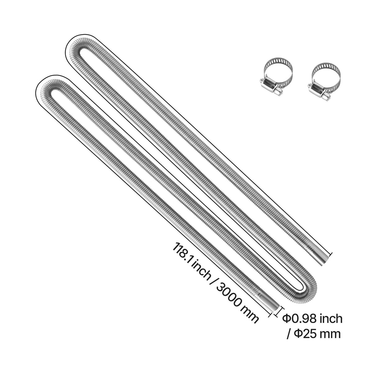 Exhaust Hose, 3000mm Stainless Steel Exhausts Hose, Diesel Heater Flexible Exhaust Pipe with 2 Hose Clamps, Exhausts Hoses Kit Diesel Heater Accessories for 2KW 5KW 8KW Diesels Heaters