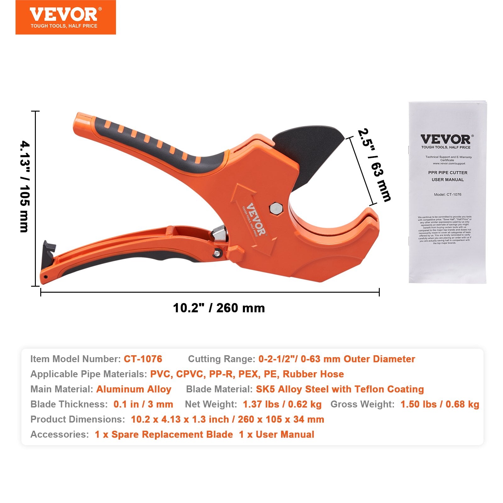 Gardening Tools: VEVOR PVC Pipe Cutter, 0-2-1/2" O.D. Ratcheting PVC Pipe Cutter, Heavy Duty Tube Cutting Tool with Spare SK5 Blade for PVC, CPVC, PP-R, PEX, PE, Rubber Hoses