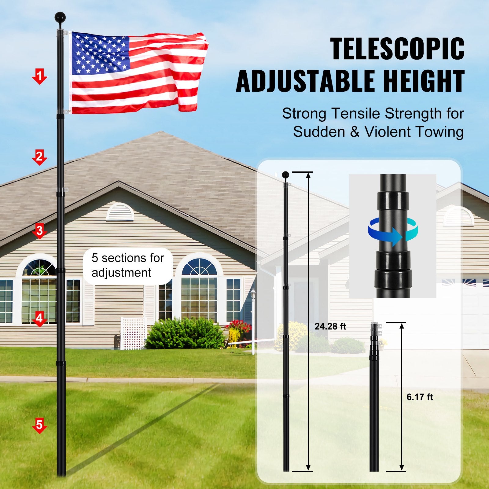 Canopies & Gazebos: VEVOR 25FT Telescopic Flagpole Kit, Heavy Duty Aluminum Alloy Flag Pole Kit in Ground for Outside, 3 Display Modes Flagpole with Professional Accessories, Black