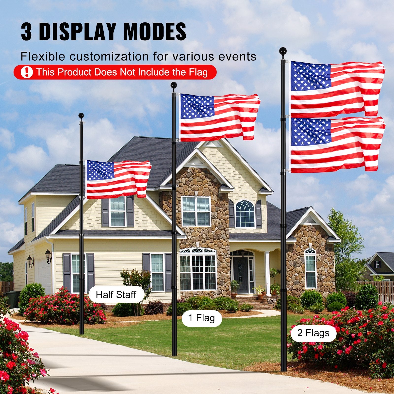 Canopies & Gazebos: VEVOR 25FT Telescopic Flagpole Kit, Heavy Duty Aluminum Alloy Flag Pole Kit in Ground for Outside, 3 Display Modes Flagpole with Professional Accessories, Black