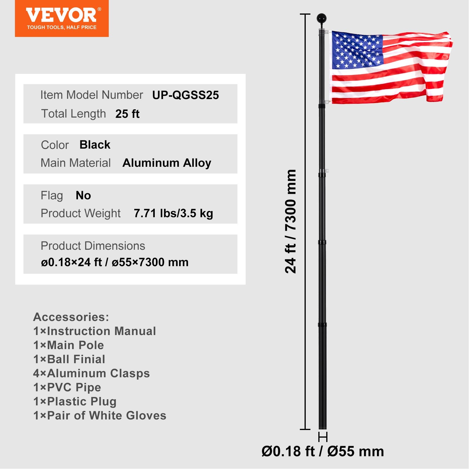 Canopies & Gazebos: VEVOR 25FT Telescopic Flagpole Kit, Heavy Duty Aluminum Alloy Flag Pole Kit in Ground for Outside, 3 Display Modes Flagpole with Professional Accessories, Black