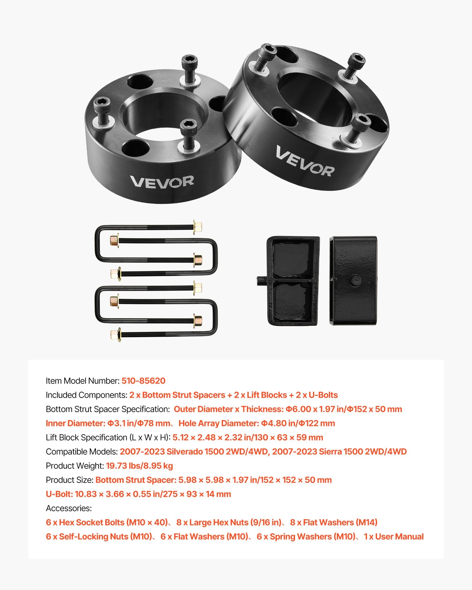 Lifts & Hoists: VEVOR 76.2 mm Front and 50.8 mm Rear Leveling Lift Kit for 2007-2023 Silverado 1500 2WD/4WD, 2007-2023 Sierra 1500 2WD/4WD, Chassis Level Kit with 2 Front Strut Spacers, 2 Rear Lift Blocks, 2 U-Bolts