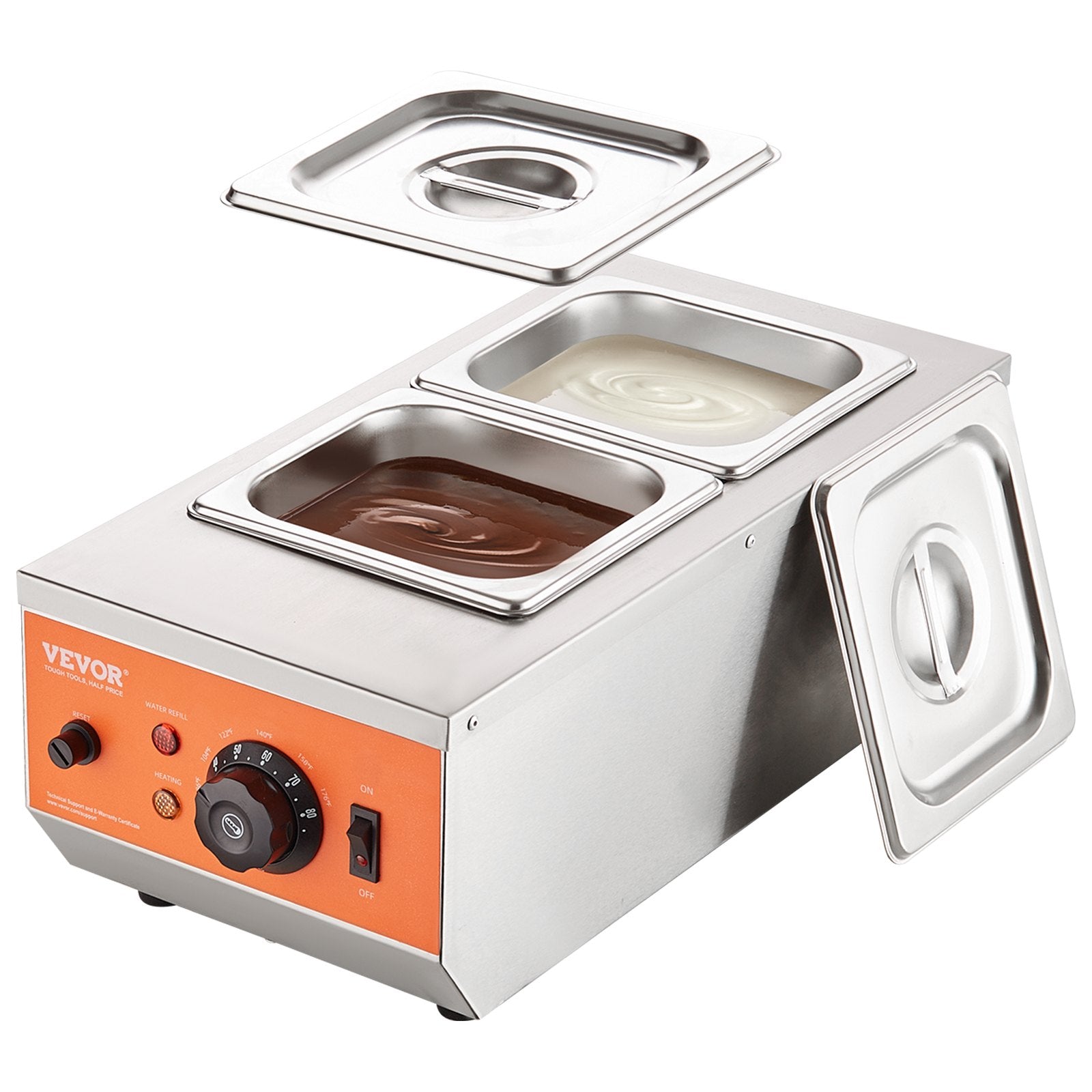 Food Warmers & Chafing Dishes: VEVOR Chocolate Tempering Machine, 2 Tanks Chocolate Melting Pot with TEMP Control, 800W Stainless Steel Electric Commercial Food Warmer For Chocolate/Milk/Cream Melting and Heating