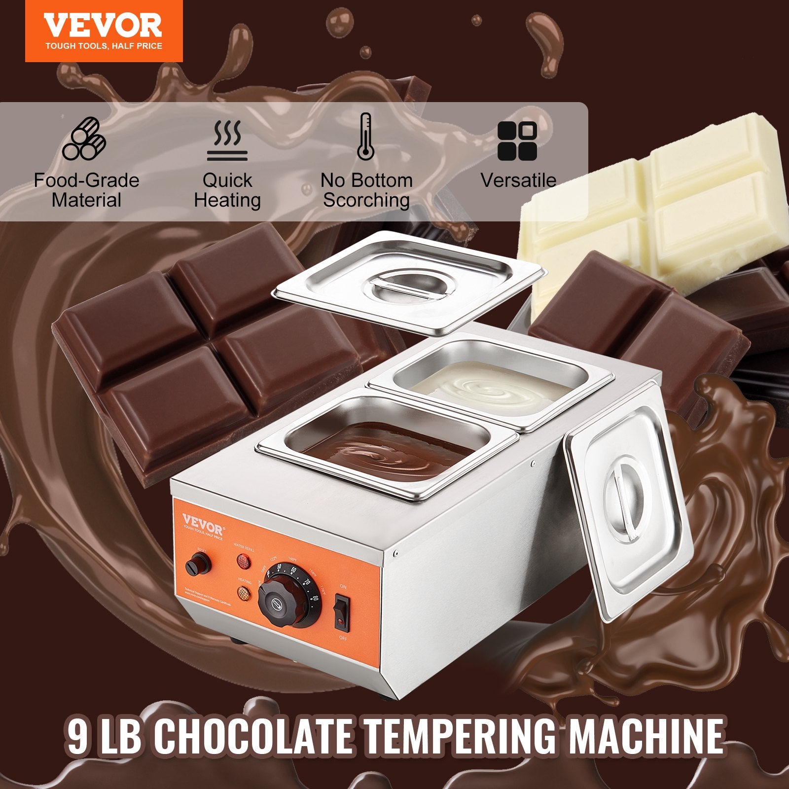 Food Warmers & Chafing Dishes: VEVOR Chocolate Tempering Machine, 2 Tanks Chocolate Melting Pot with TEMP Control, 800W Stainless Steel Electric Commercial Food Warmer For Chocolate/Milk/Cream Melting and Heating