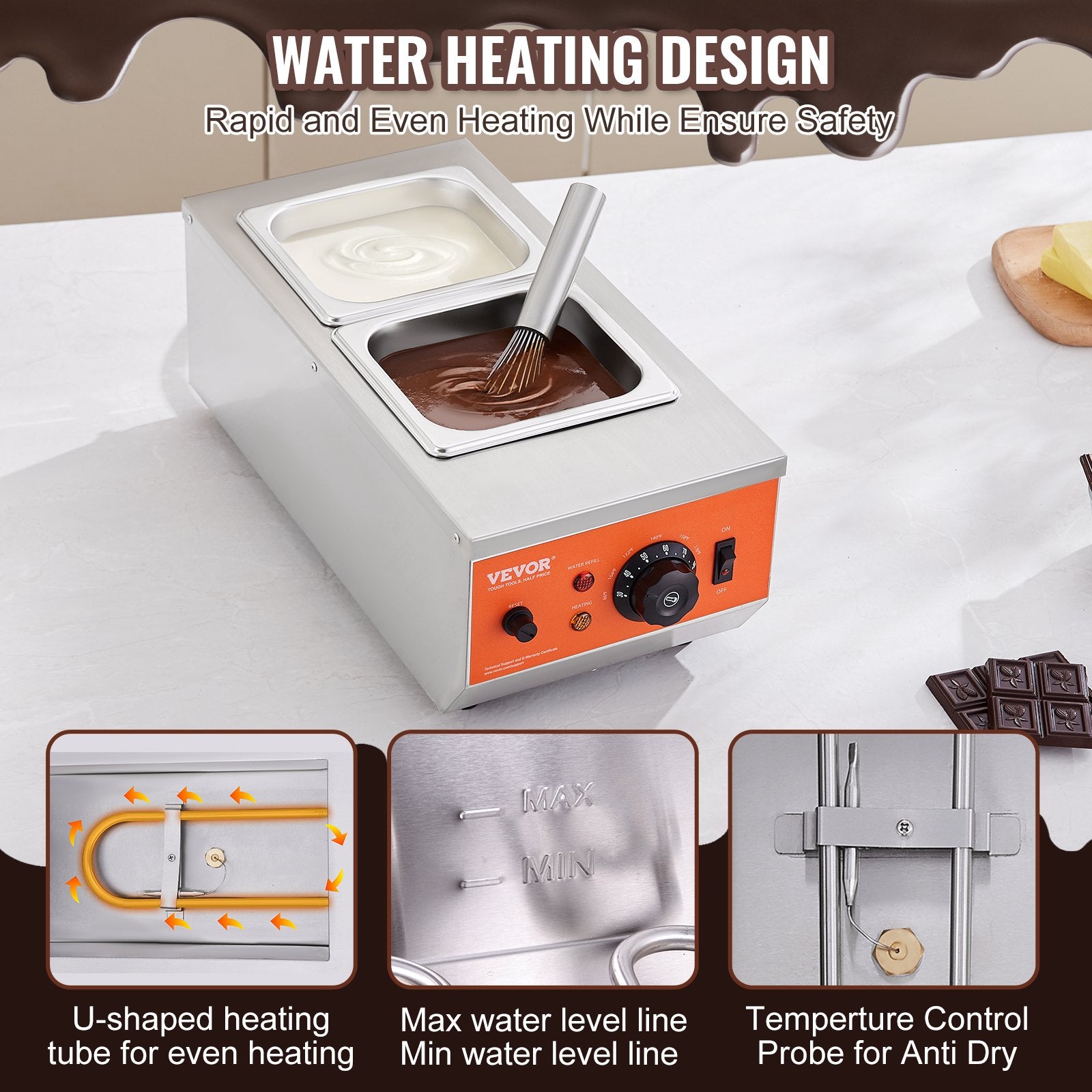 Food Warmers & Chafing Dishes: VEVOR Chocolate Tempering Machine, 2 Tanks Chocolate Melting Pot with TEMP Control, 800W Stainless Steel Electric Commercial Food Warmer For Chocolate/Milk/Cream Melting and Heating