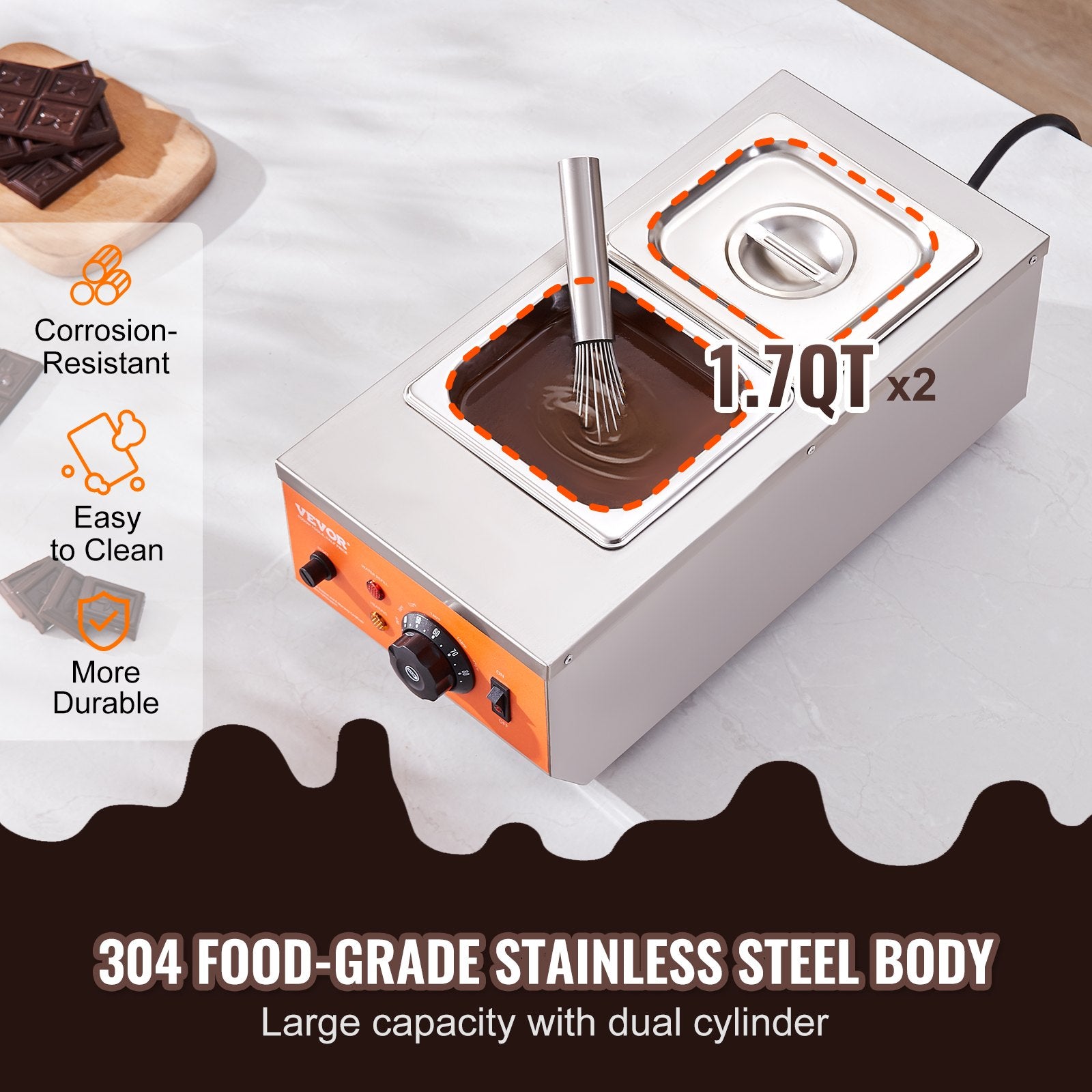 Food Warmers & Chafing Dishes: VEVOR Chocolate Tempering Machine, 2 Tanks Chocolate Melting Pot with TEMP Control, 800W Stainless Steel Electric Commercial Food Warmer For Chocolate/Milk/Cream Melting and Heating