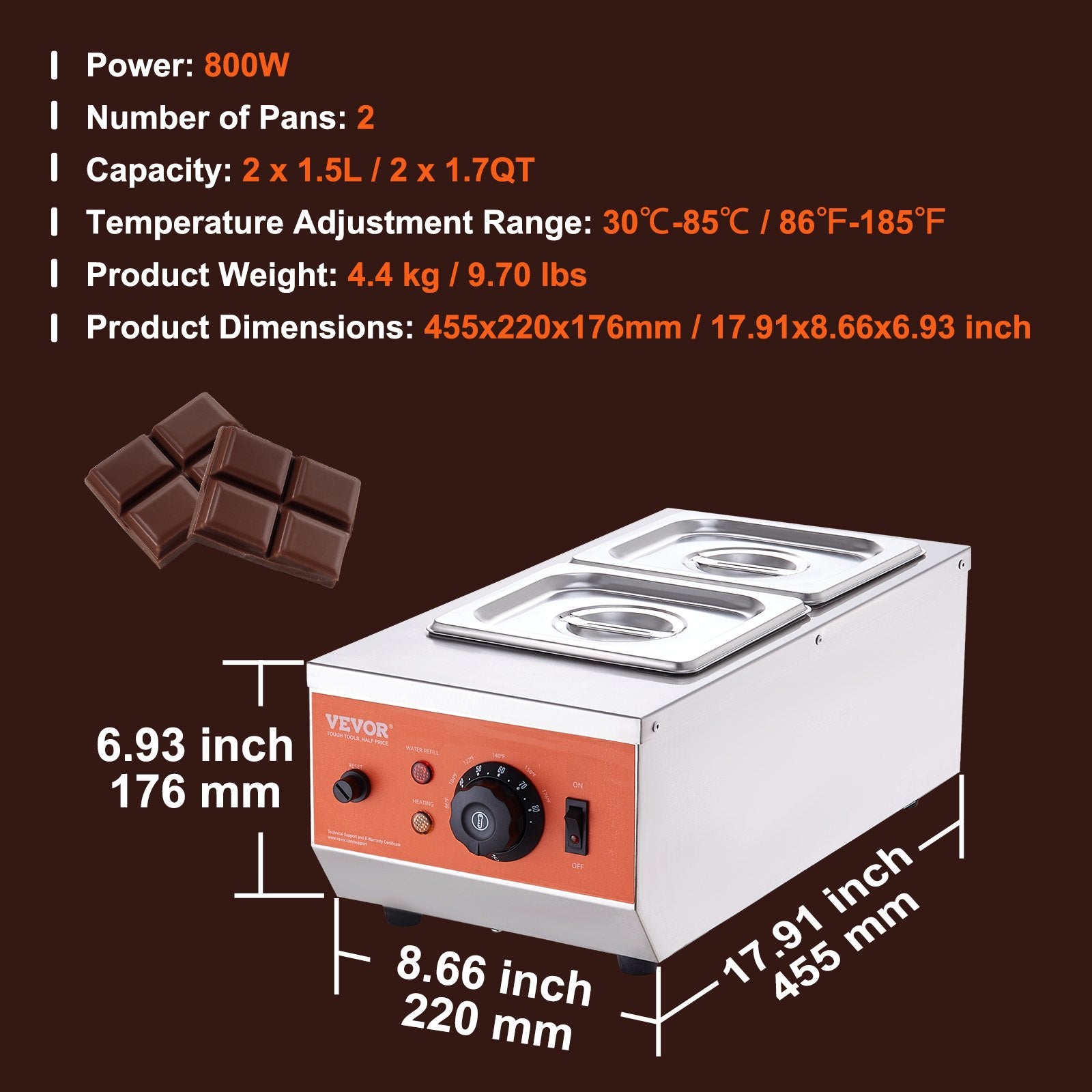 Food Warmers & Chafing Dishes: VEVOR Chocolate Tempering Machine, 2 Tanks Chocolate Melting Pot with TEMP Control, 800W Stainless Steel Electric Commercial Food Warmer For Chocolate/Milk/Cream Melting and Heating