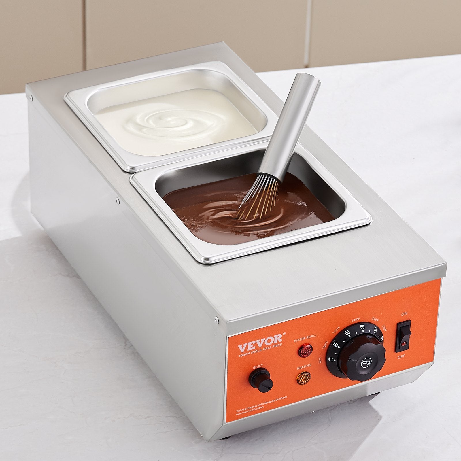 Food Warmers & Chafing Dishes: VEVOR Chocolate Tempering Machine, 2 Tanks Chocolate Melting Pot with TEMP Control, 800W Stainless Steel Electric Commercial Food Warmer For Chocolate/Milk/Cream Melting and Heating