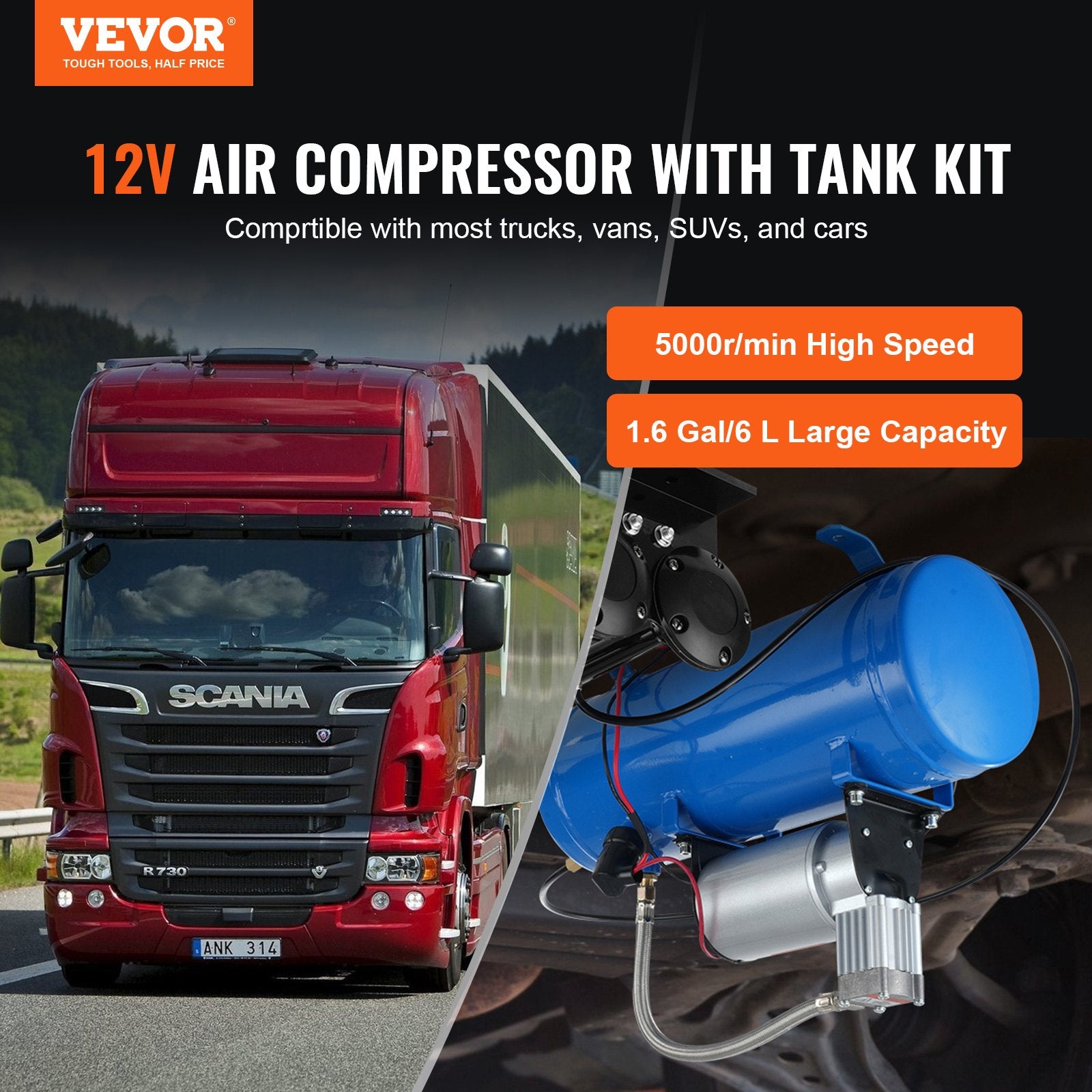 12V Air Compressor with Tank 1.6 Gallon/6 L, Train Horn Air Compressor, 120 psi Working Pressure Onboard Air Compressor System for Train Air Horns, Inflating Tires, Air Mattresses