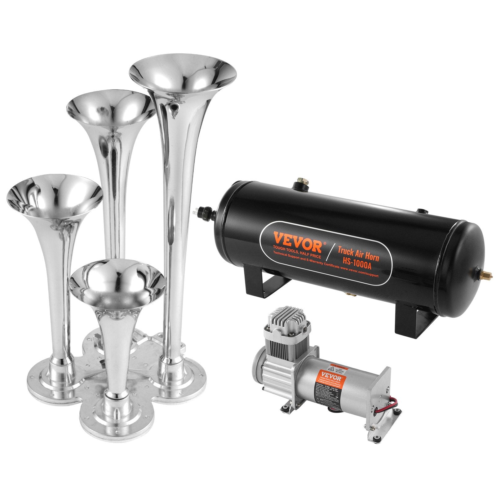 Train Horns Kit, 4 Trumpet Air Horn Kit, 150dB Train Horns for Pickup Trucks, 12V 160 psi Air Compressor 2.6 Gal/10 L Tank with Gauge for Any 12V Vehicle Car Truck Train Van Boat
