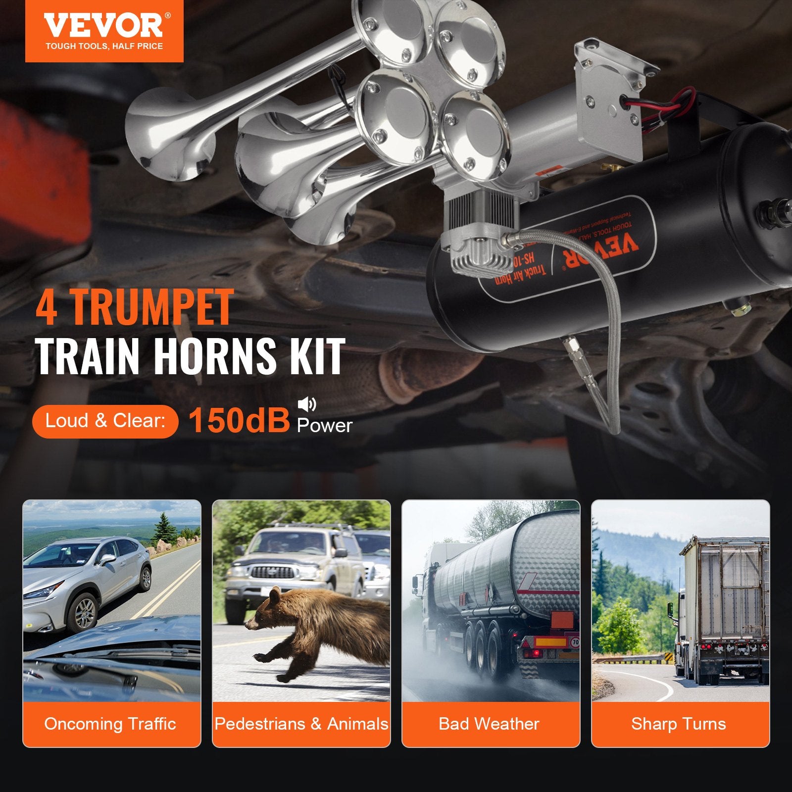 Train Horns Kit, 4 Trumpet Air Horn Kit, 150dB Train Horns for Pickup Trucks, 12V 160 psi Air Compressor 2.6 Gal/10 L Tank with Gauge for Any 12V Vehicle Car Truck Train Van Boat