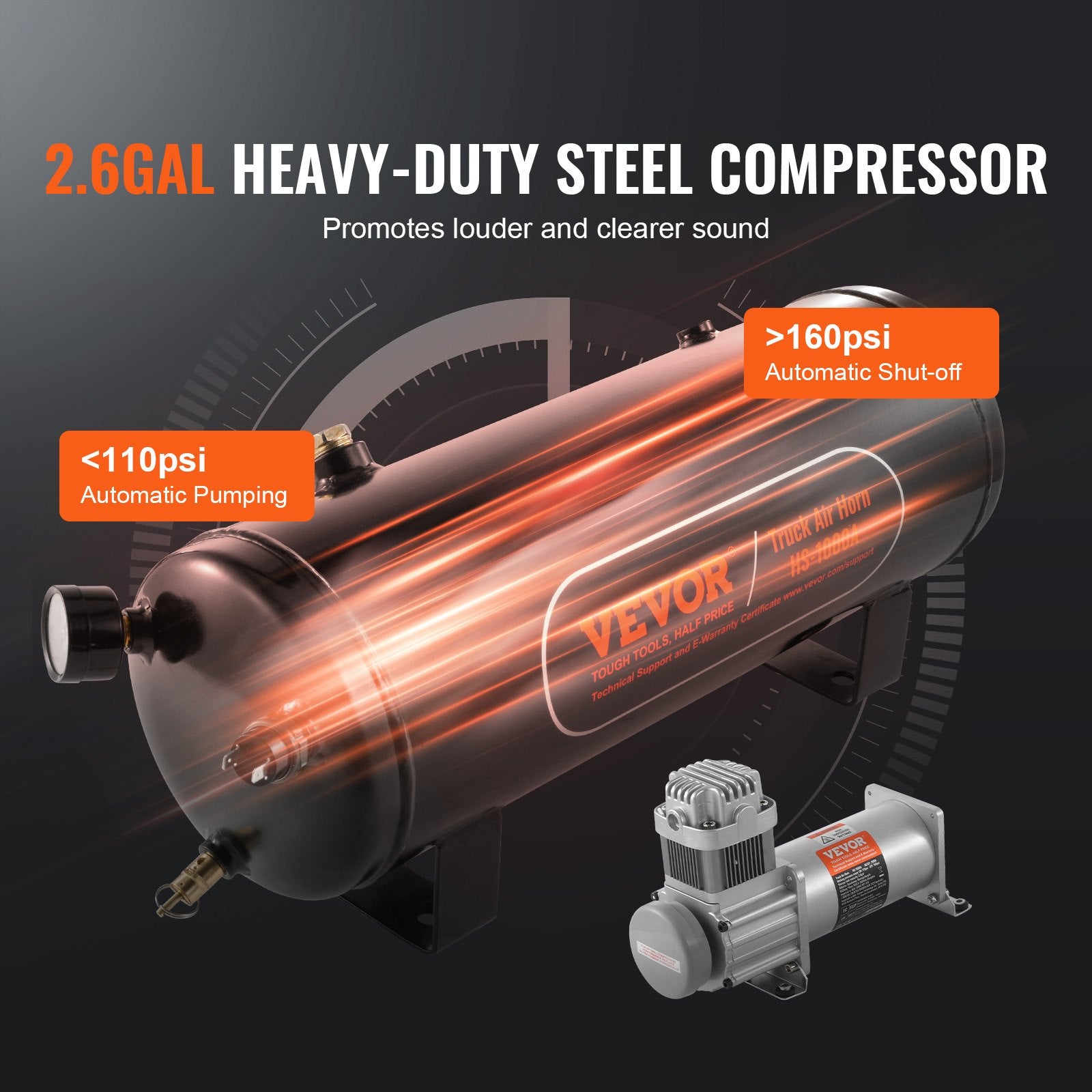 Train Horns Kit, 4 Trumpet Air Horn Kit, 150dB Train Horns for Pickup Trucks, 12V 160 psi Air Compressor 2.6 Gal/10 L Tank with Gauge for Any 12V Vehicle Car Truck Train Van Boat