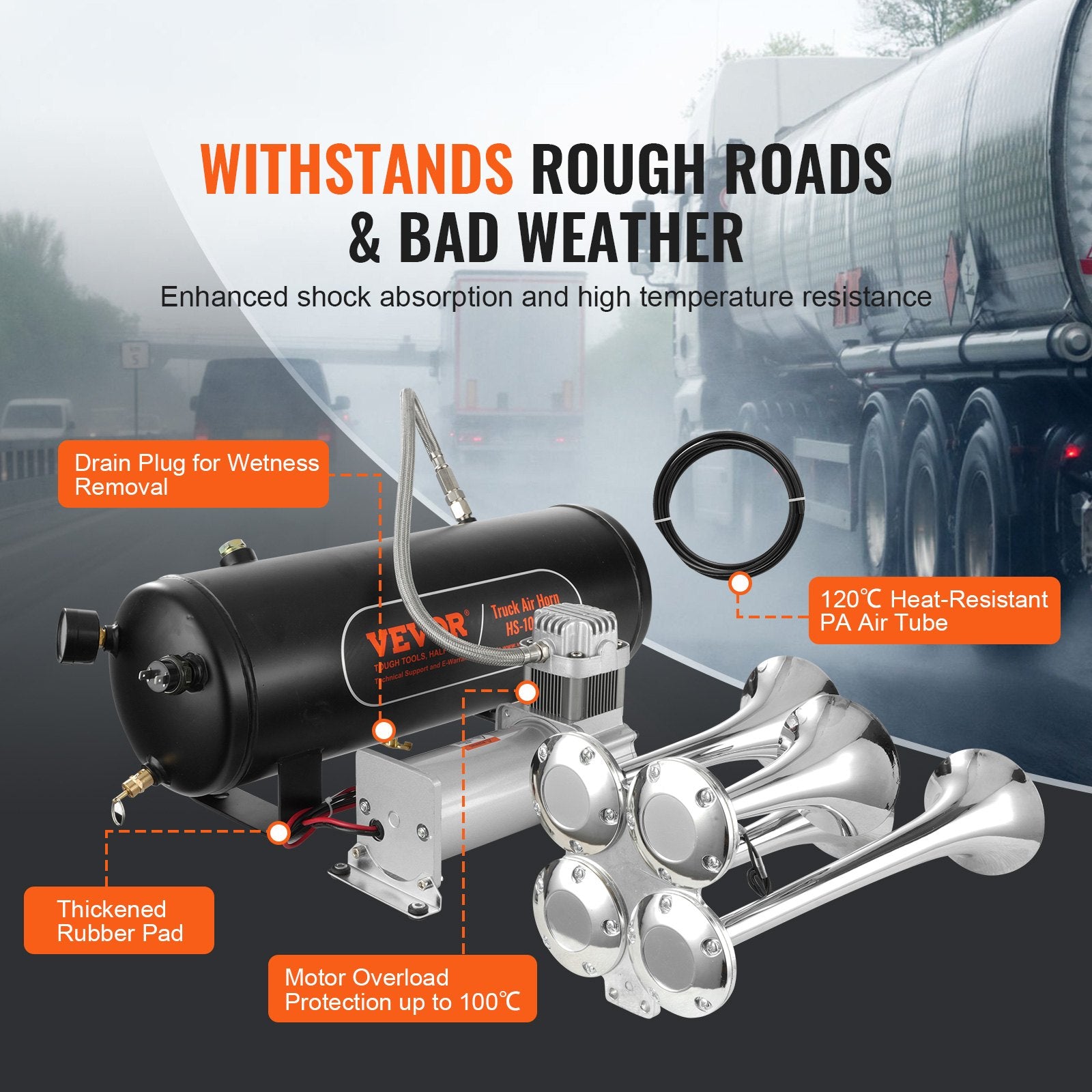 Train Horns Kit, 4 Trumpet Air Horn Kit, 150dB Train Horns for Pickup Trucks, 12V 160 psi Air Compressor 2.6 Gal/10 L Tank with Gauge for Any 12V Vehicle Car Truck Train Van Boat