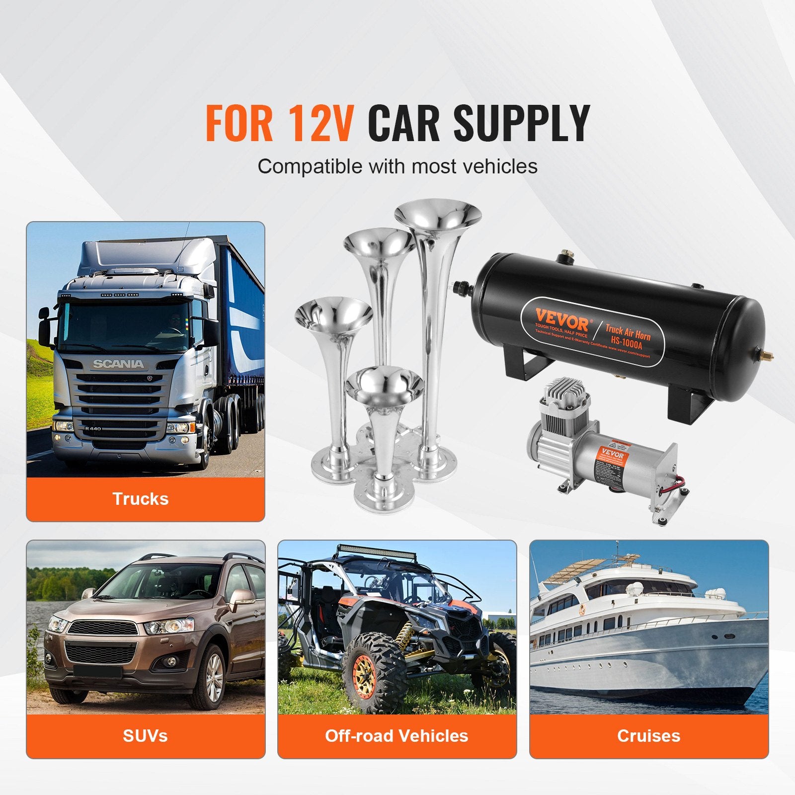 Train Horns Kit, 4 Trumpet Air Horn Kit, 150dB Train Horns for Pickup Trucks, 12V 160 psi Air Compressor 2.6 Gal/10 L Tank with Gauge for Any 12V Vehicle Car Truck Train Van Boat