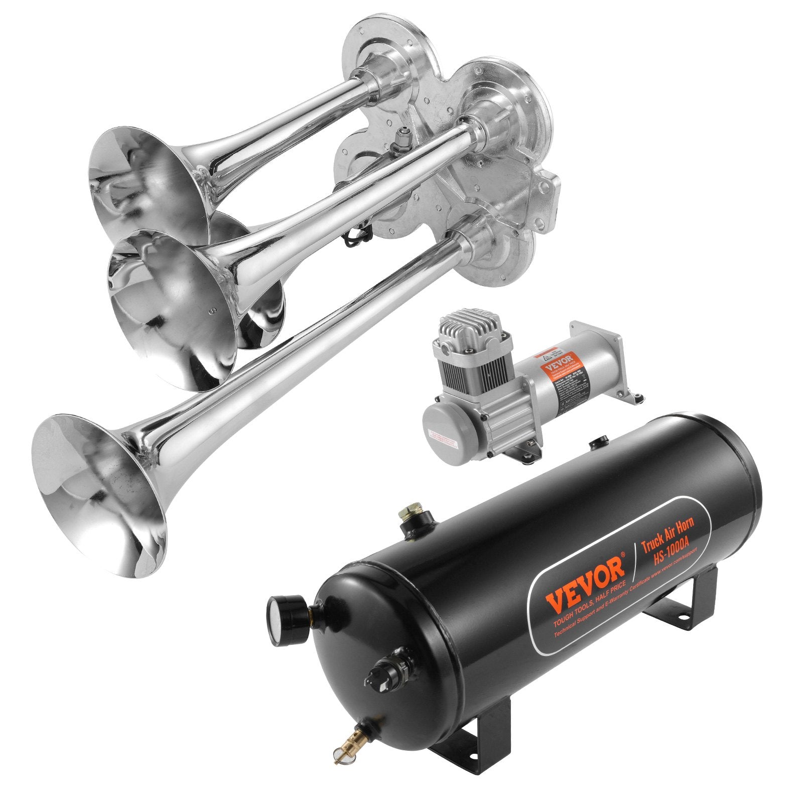 Train Horns Kit, 4 Trumpet Air Horn Kit, 150dB Train Horns for Pickup Trucks, 12V 160 psi Air Compressor 2.6 Gal/10 L Tank with Gauge for Any 12V Vehicle Car Truck Train Van Boat