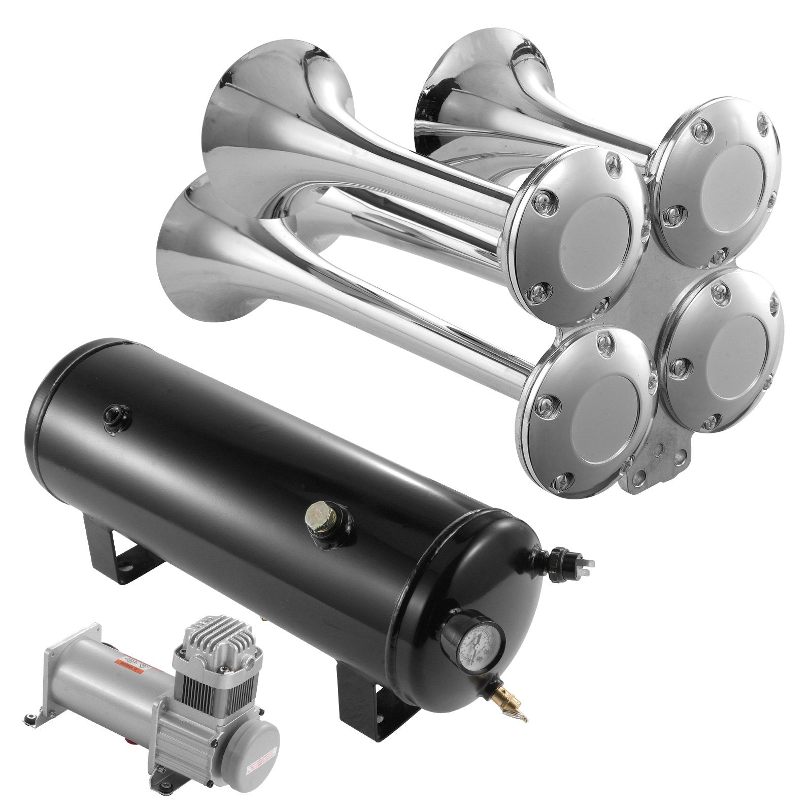 Train Horns Kit, 4 Trumpet Air Horn Kit, 150dB Train Horns for Pickup Trucks, 12V 160 psi Air Compressor 2.6 Gal/10 L Tank with Gauge for Any 12V Vehicle Car Truck Train Van Boat
