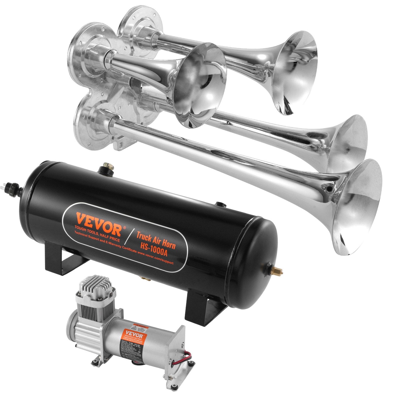 Train Horns Kit, 4 Trumpet Air Horn Kit, 150dB Train Horns for Pickup Trucks, 12V 160 psi Air Compressor 2.6 Gal/10 L Tank with Gauge for Any 12V Vehicle Car Truck Train Van Boat