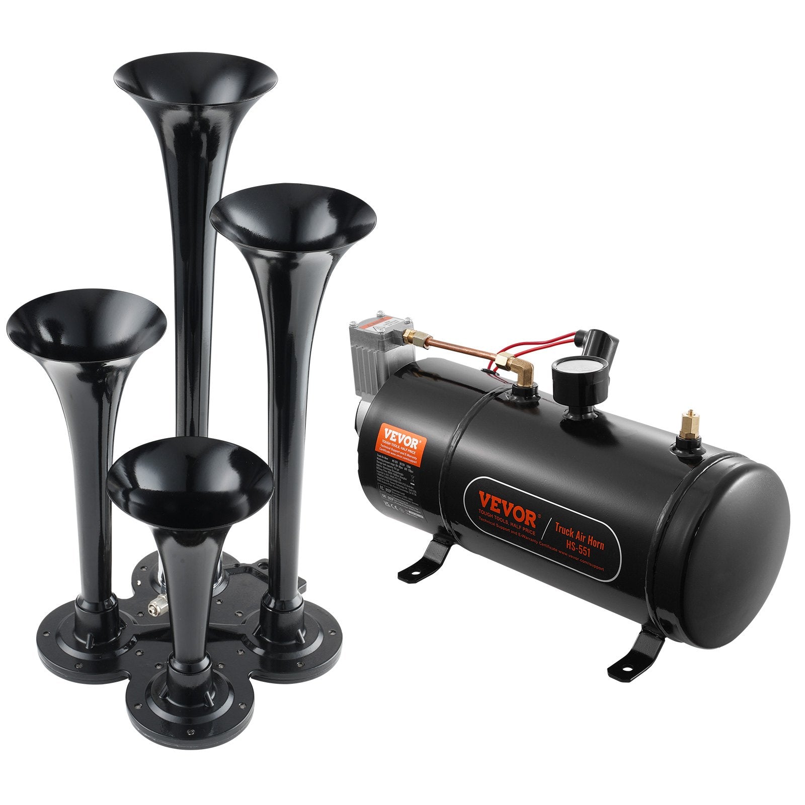 Fuel & Exhaust: VEVOR Train Horns Kit, 4 Trumpet Air Horn Kit, 150dB Train Horns for Pickup Trucks, 12V 120 psi Air Compressor 0.8 Gal/3 L Tank with Gauge for Any 12V Vehicle Car Truck Train Van Boat