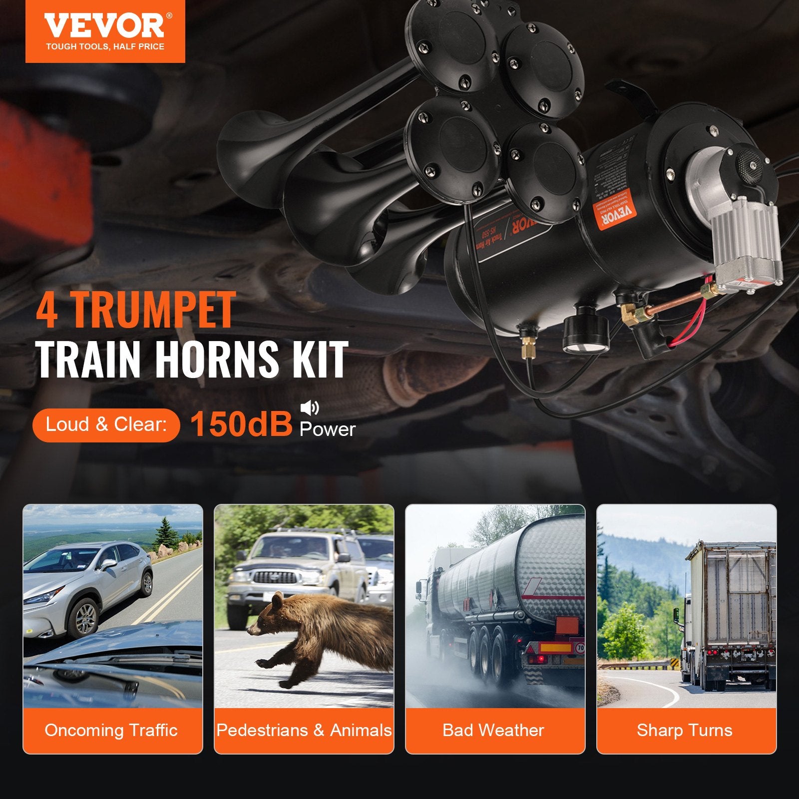 Fuel & Exhaust: VEVOR Train Horns Kit, 4 Trumpet Air Horn Kit, 150dB Train Horns for Pickup Trucks, 12V 120 psi Air Compressor 0.8 Gal/3 L Tank with Gauge for Any 12V Vehicle Car Truck Train Van Boat