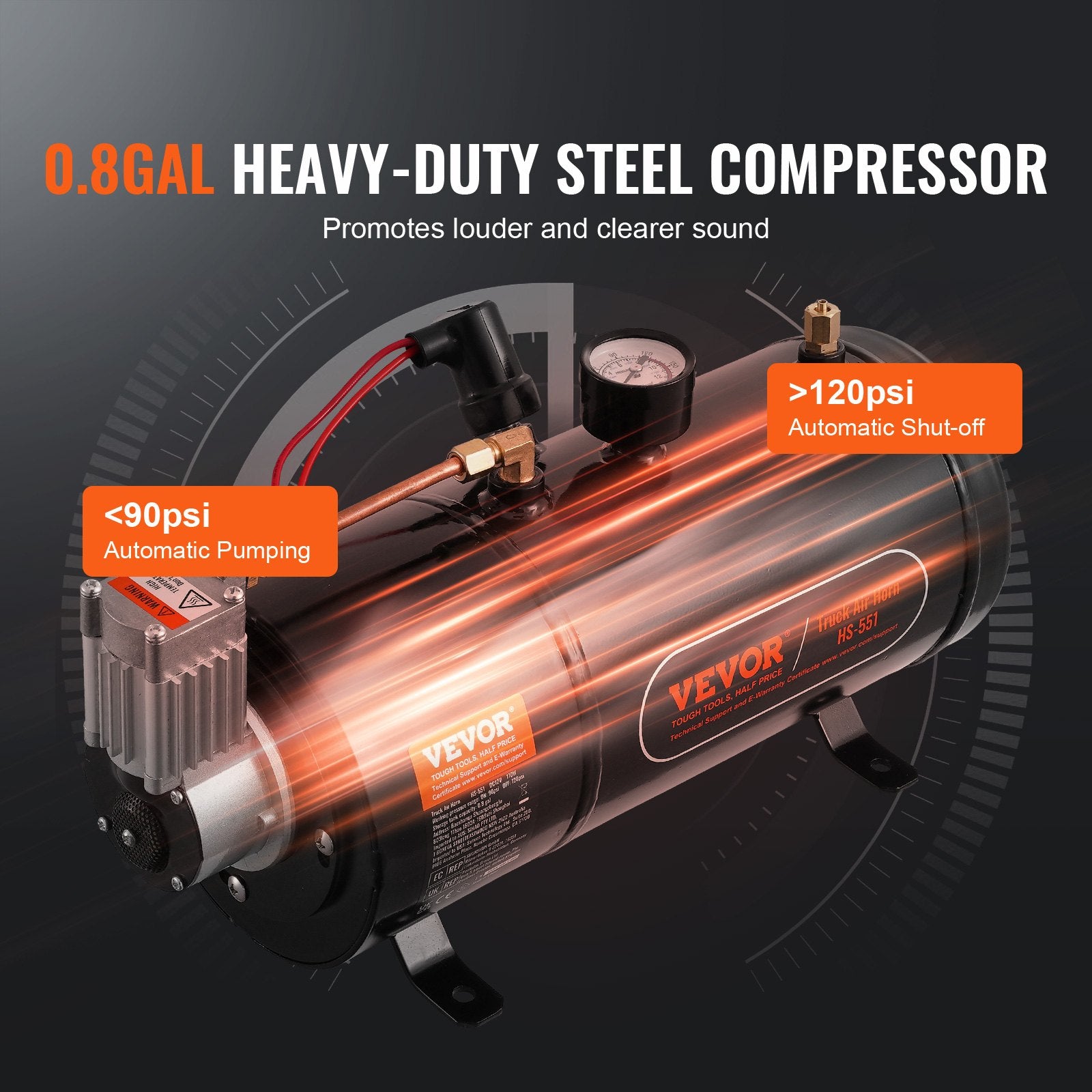 Fuel & Exhaust: VEVOR Train Horns Kit, 4 Trumpet Air Horn Kit, 150dB Train Horns for Pickup Trucks, 12V 120 psi Air Compressor 0.8 Gal/3 L Tank with Gauge for Any 12V Vehicle Car Truck Train Van Boat