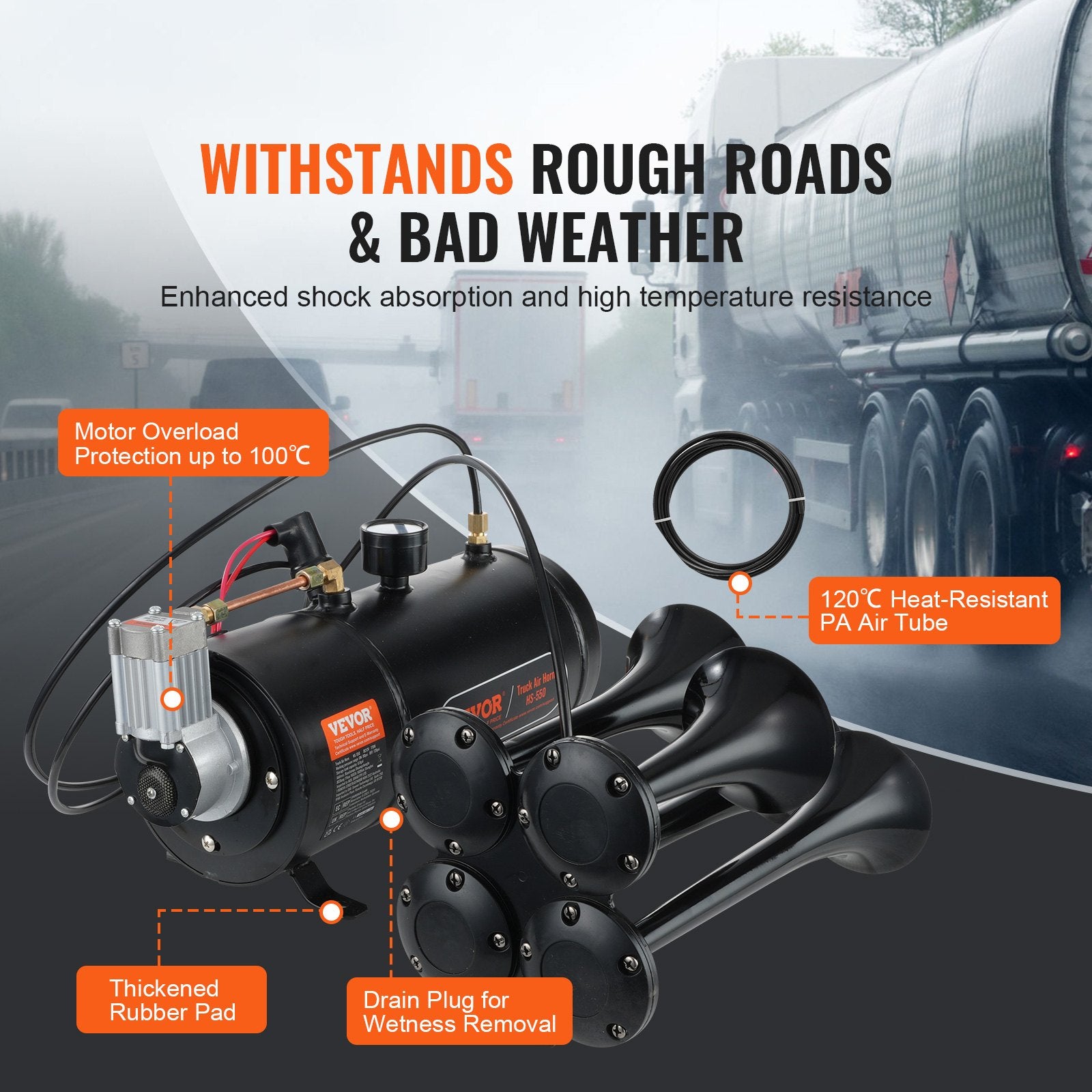 Fuel & Exhaust: VEVOR Train Horns Kit, 4 Trumpet Air Horn Kit, 150dB Train Horns for Pickup Trucks, 12V 120 psi Air Compressor 0.8 Gal/3 L Tank with Gauge for Any 12V Vehicle Car Truck Train Van Boat