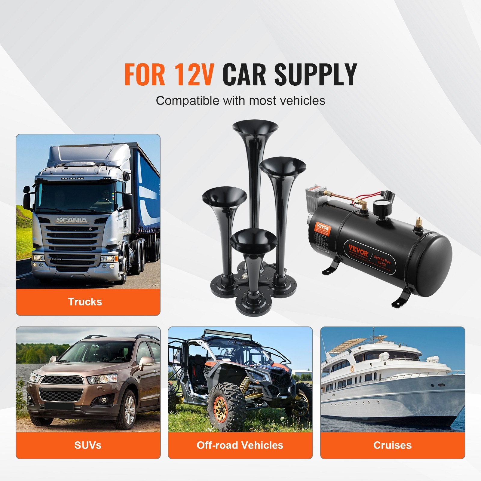 Fuel & Exhaust: VEVOR Train Horns Kit, 4 Trumpet Air Horn Kit, 150dB Train Horns for Pickup Trucks, 12V 120 psi Air Compressor 0.8 Gal/3 L Tank with Gauge for Any 12V Vehicle Car Truck Train Van Boat