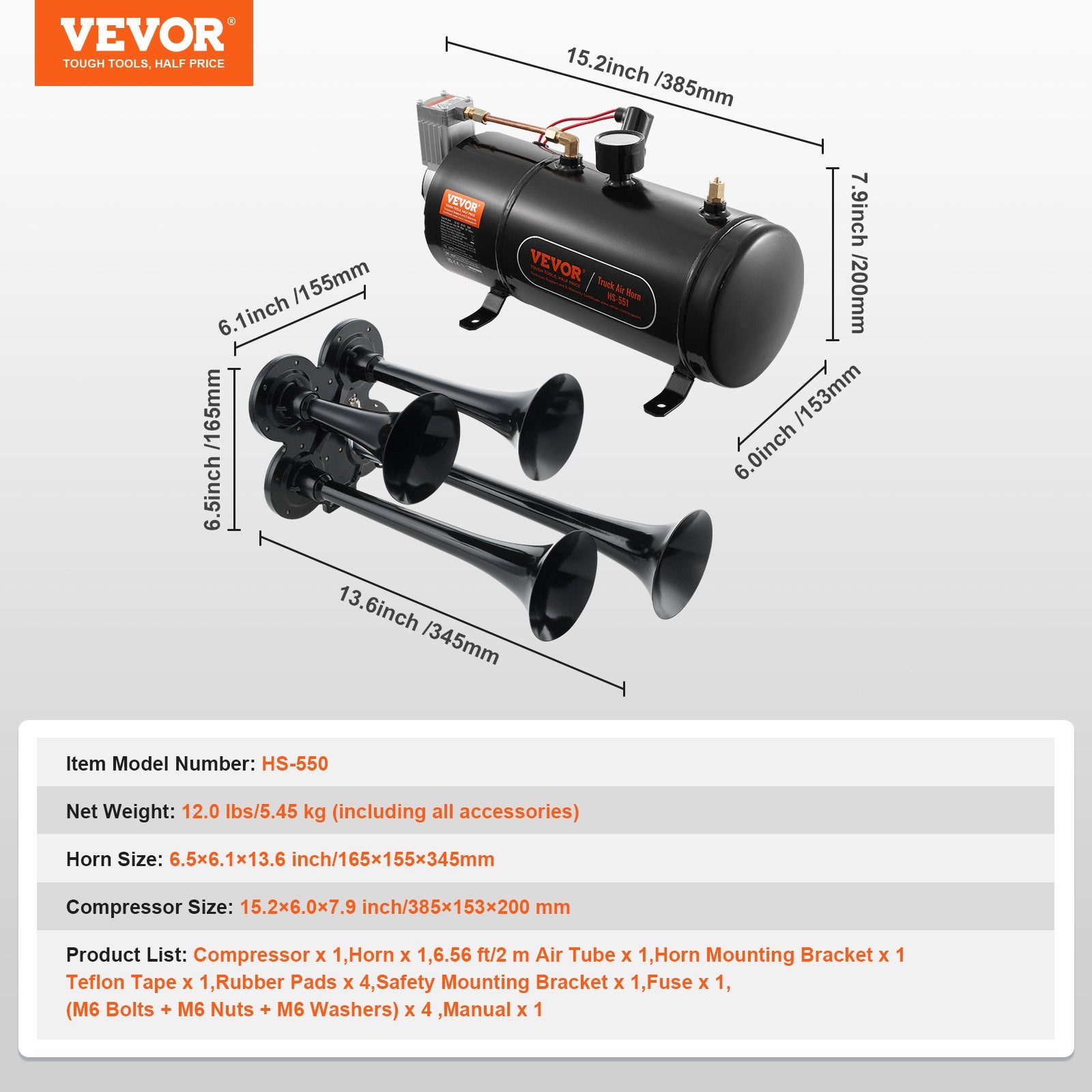 Fuel & Exhaust: VEVOR Train Horns Kit, 4 Trumpet Air Horn Kit, 150dB Train Horns for Pickup Trucks, 12V 120 psi Air Compressor 0.8 Gal/3 L Tank with Gauge for Any 12V Vehicle Car Truck Train Van Boat