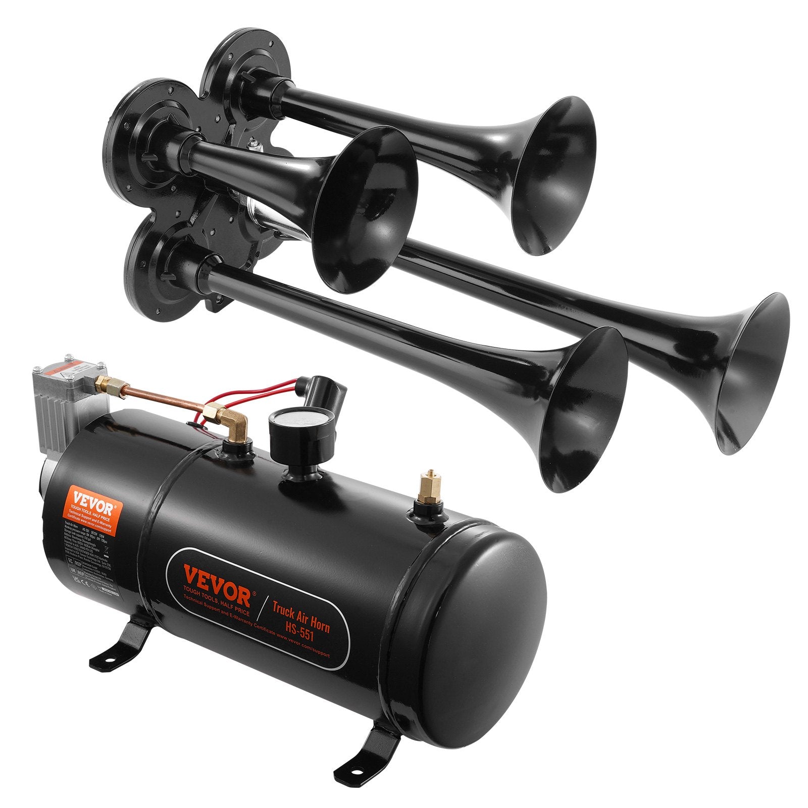 Fuel & Exhaust: VEVOR Train Horns Kit, 4 Trumpet Air Horn Kit, 150dB Train Horns for Pickup Trucks, 12V 120 psi Air Compressor 0.8 Gal/3 L Tank with Gauge for Any 12V Vehicle Car Truck Train Van Boat