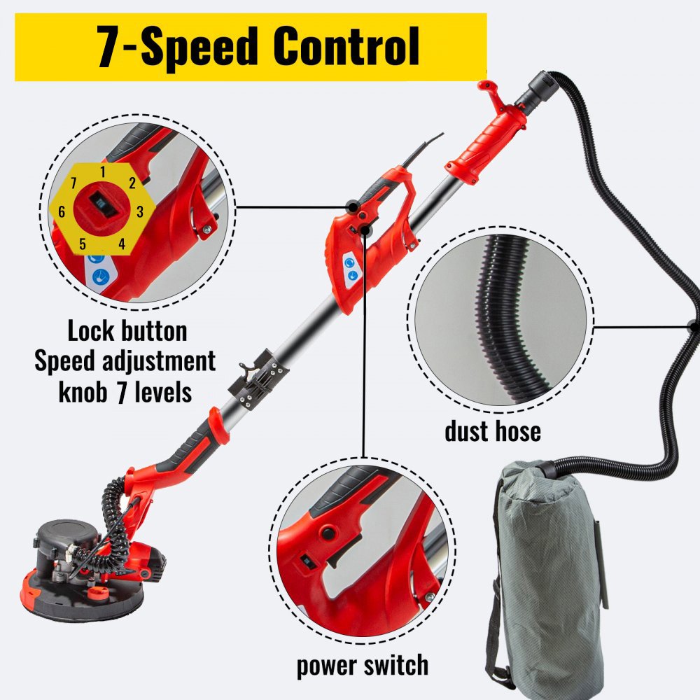 Gardening Tools: VEVOR Drywall Sander 750W Electric, Electric Sander Variable Speed 800-1750RPM, Drywall Sander Foldable Sheetrock Sander, with Telescope Handle ,Vacuum Bag Drywall Sanders 6 Sand Pads
