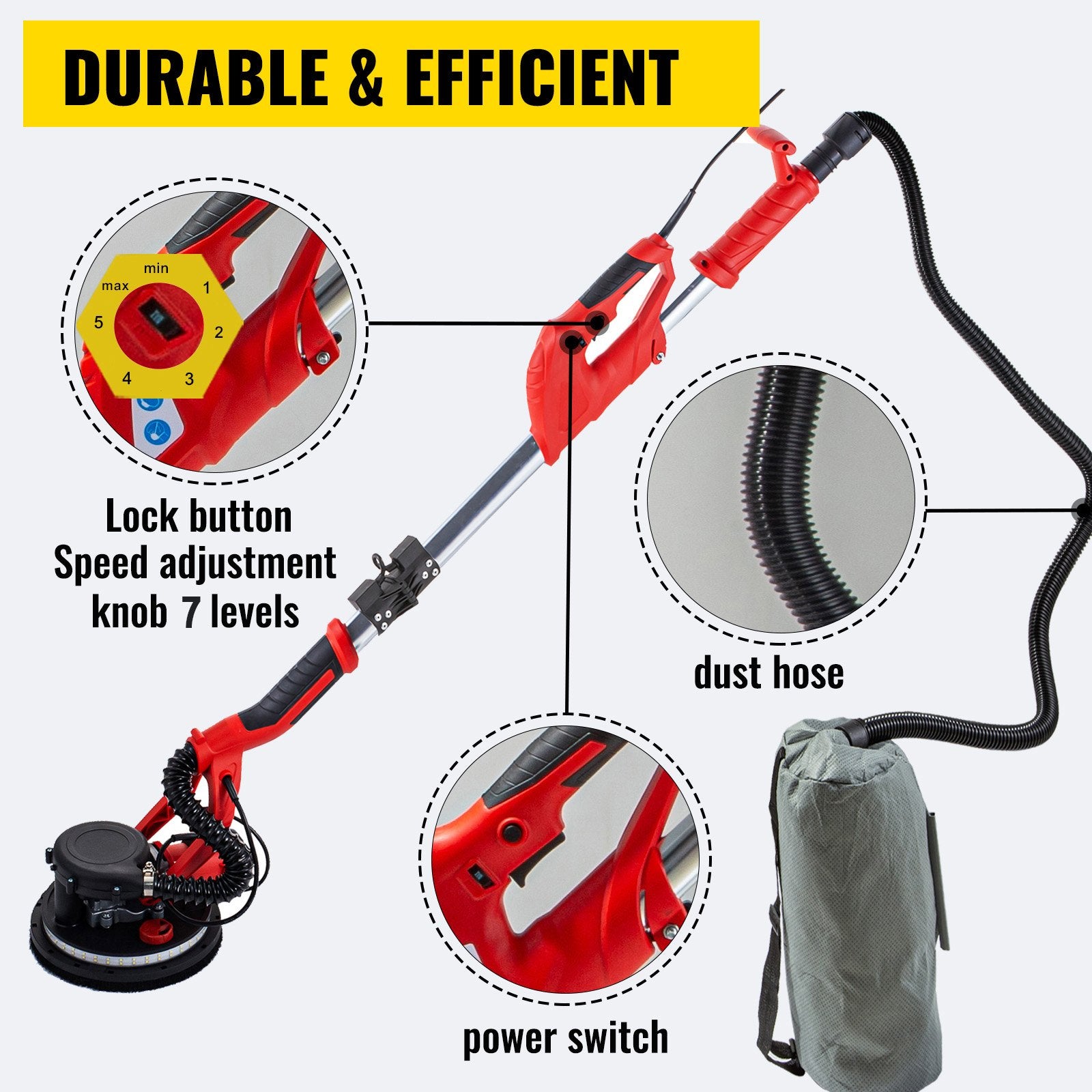 Gardening Tools: VEVOR Drywall Sander 750W, Electric Drywall Sander, Foldable Sheetrock Sander, with Telescope Handle, Electric Sander, Variable Speed 800-1750 RPM, Wall Sander, with LED Strip Light and Vacuum Bag