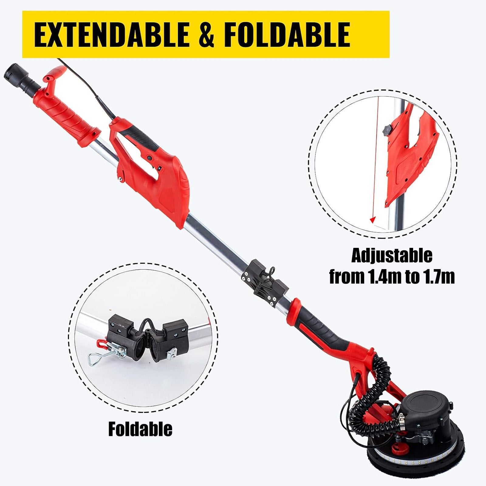 Gardening Tools: VEVOR Drywall Sander 750W, Electric Drywall Sander, Foldable Sheetrock Sander, with Telescope Handle, Electric Sander, Variable Speed 800-1750 RPM, Wall Sander, with LED Strip Light and Vacuum Bag