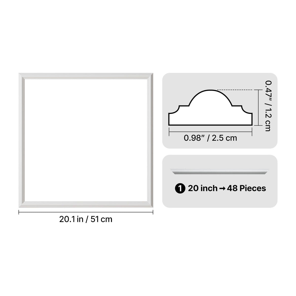 Wall Molding 12 Pack, 51 x 51 cm Wainscoting Panels Kit, Lightweight Paintable Polystyrene, Easy to Install, Waterproof Accent Wall Trim for Interior Décor Living Room, Bedroom, Home, White