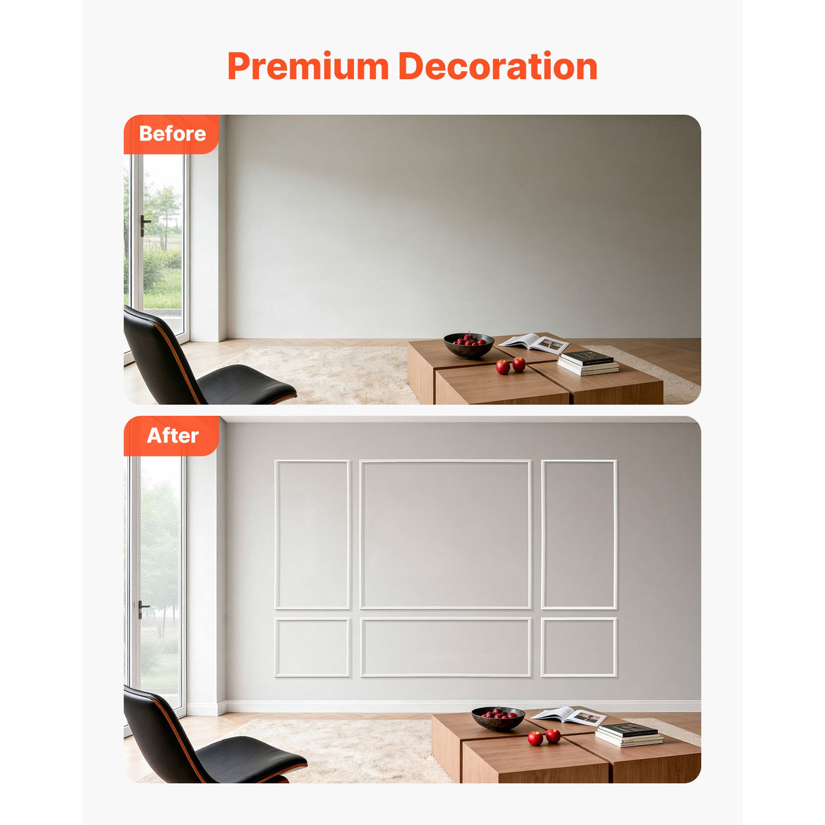 Wall Molding 3 Pack, Wainscoting Panels Kit, Lightweight Paintable Polystyrene, Easy to Install Accent Wall Trim for Interior Décor Living Room, Bedroom, Home, White (79x160 + 79x61 cm)