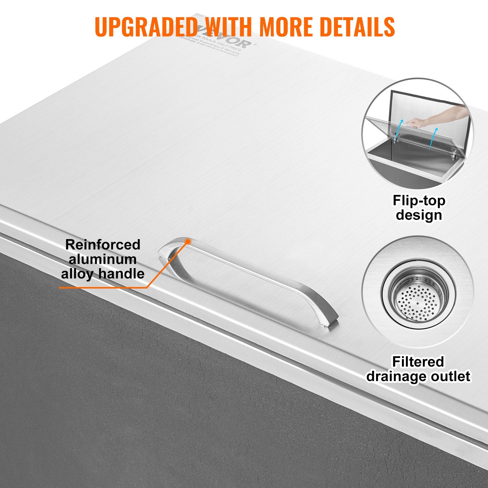 Drop in Ice Chest, 24"L x 20"W x 15"H Stainless Steel Ice Cooler, Commercial Ice Bin with Hinged Cover, 40 qt Outdoor Kitchen Ice Bar, Drain-pipe and Drain Plug Included, for Cold Wine Beer