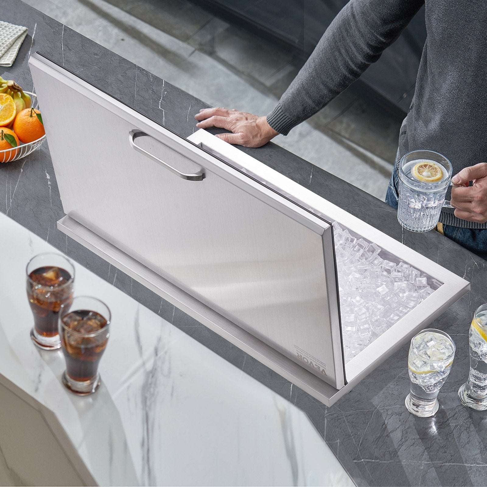 Drop in Ice Chest, 24"L x 20"W x 15"H Stainless Steel Ice Cooler, Commercial Ice Bin with Hinged Cover, 40 qt Outdoor Kitchen Ice Bar, Drain-pipe and Drain Plug Included, for Cold Wine Beer