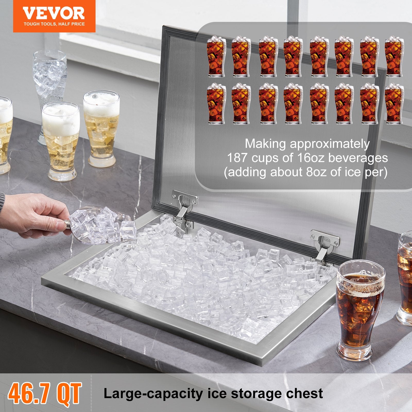 Food Storage: VEVOR Drop in Ice Chest, 20"L x 16"W x 13"H Stainless Steel Ice Cooler, Commercial Ice Bin with Hinged Cover, 40 qt Outdoor Kitchen Ice Bar, Drain-pipe and Drain Plug Included, for Cold Wine Beer