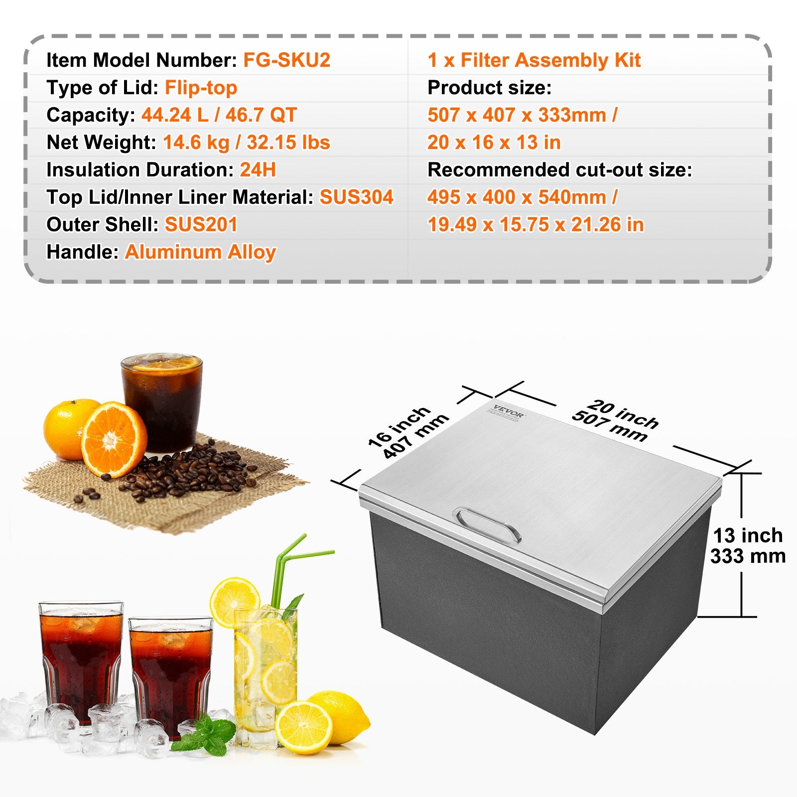 Food Storage: VEVOR Drop in Ice Chest, 20"L x 16"W x 13"H Stainless Steel Ice Cooler, Commercial Ice Bin with Hinged Cover, 40 qt Outdoor Kitchen Ice Bar, Drain-pipe and Drain Plug Included, for Cold Wine Beer