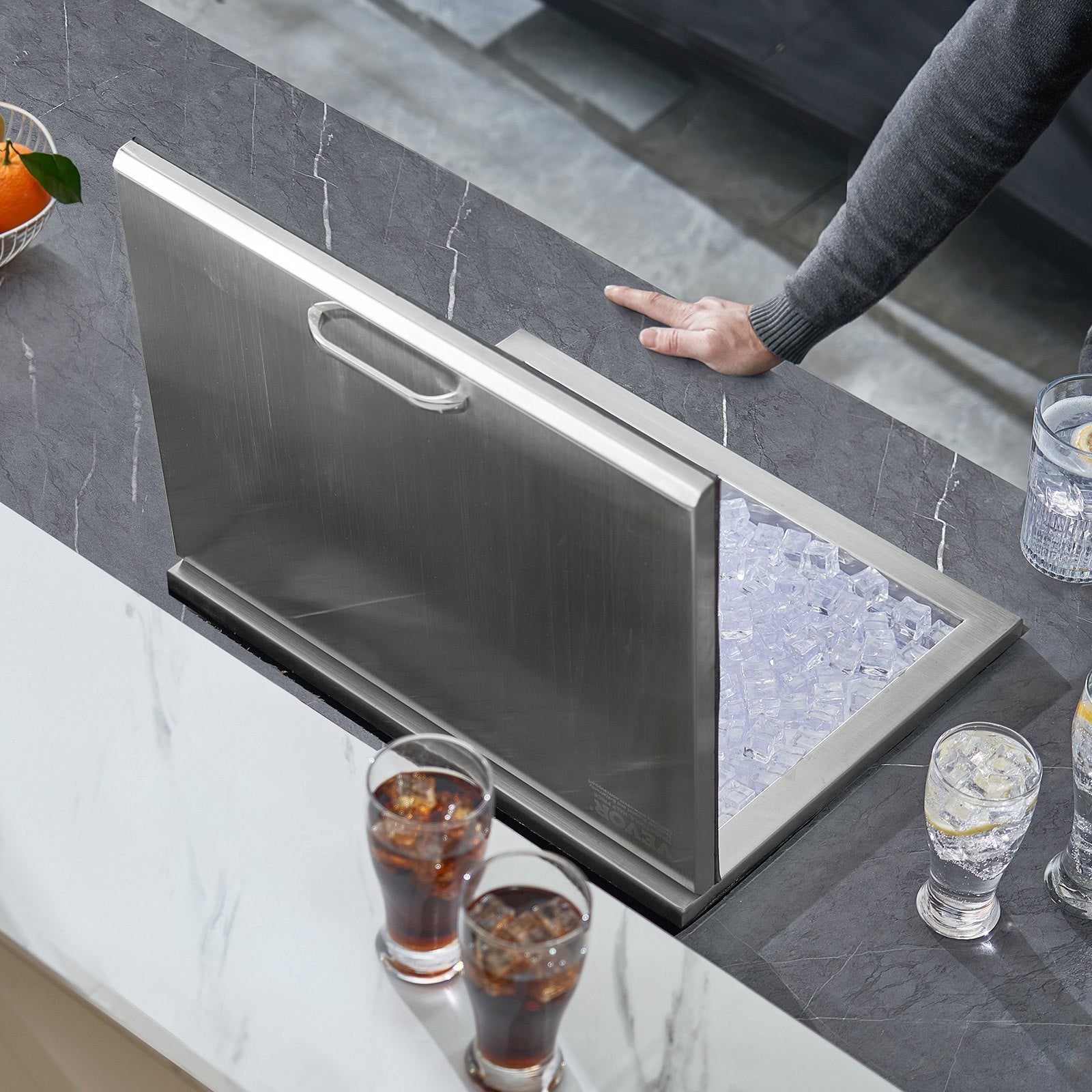 Food Storage: VEVOR Drop in Ice Chest, 20"L x 16"W x 13"H Stainless Steel Ice Cooler, Commercial Ice Bin with Hinged Cover, 40 qt Outdoor Kitchen Ice Bar, Drain-pipe and Drain Plug Included, for Cold Wine Beer