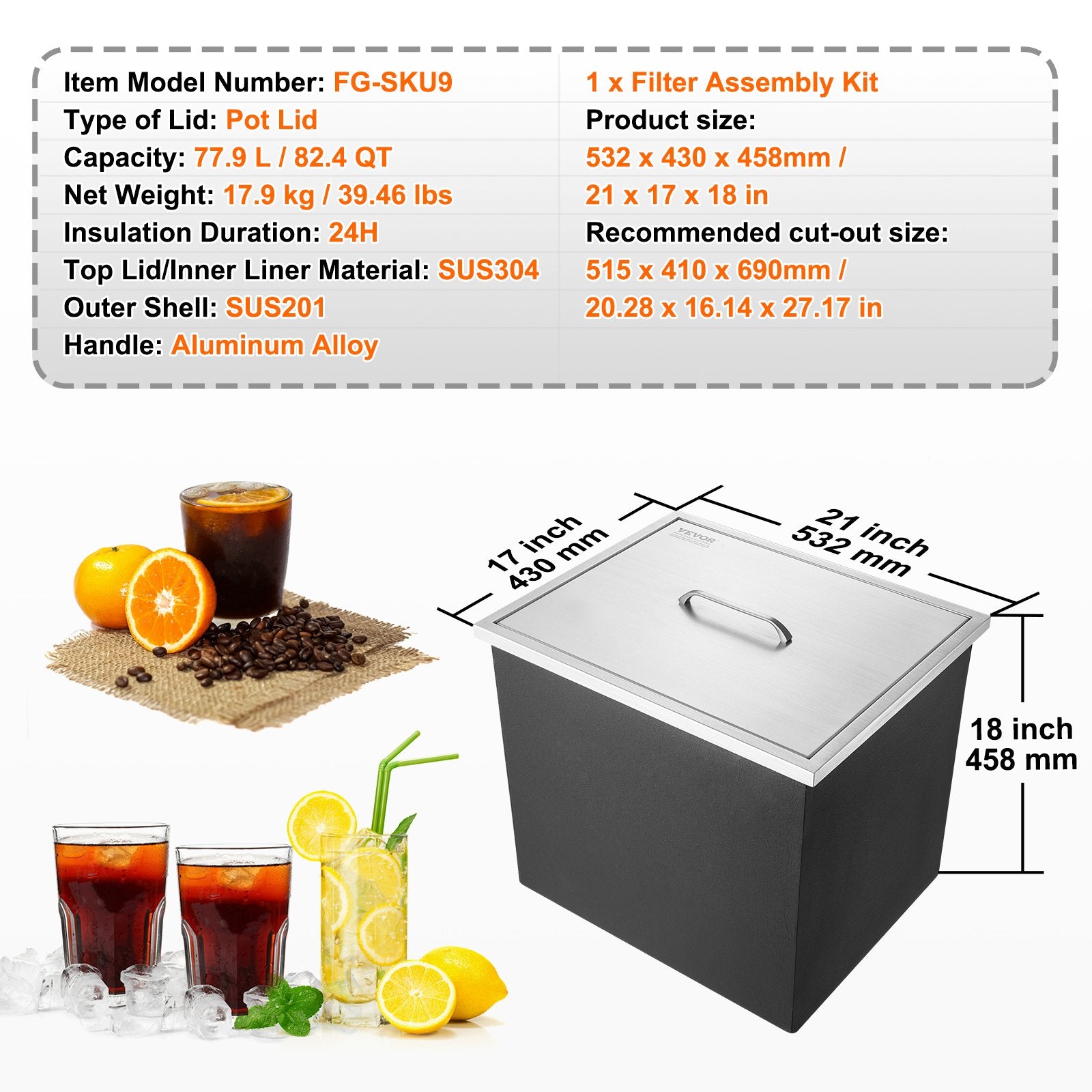 Activity Games: VEVOR Drop in Ice Chest, 21"L x 17"W x 18"H Stainless Steel Ice Cooler, Commercial Ice Bin with Cover, 40 qt Outdoor Kitchen Ice Bar, Drain-pipe and Drain Plug Included, for Cold Wine Beer