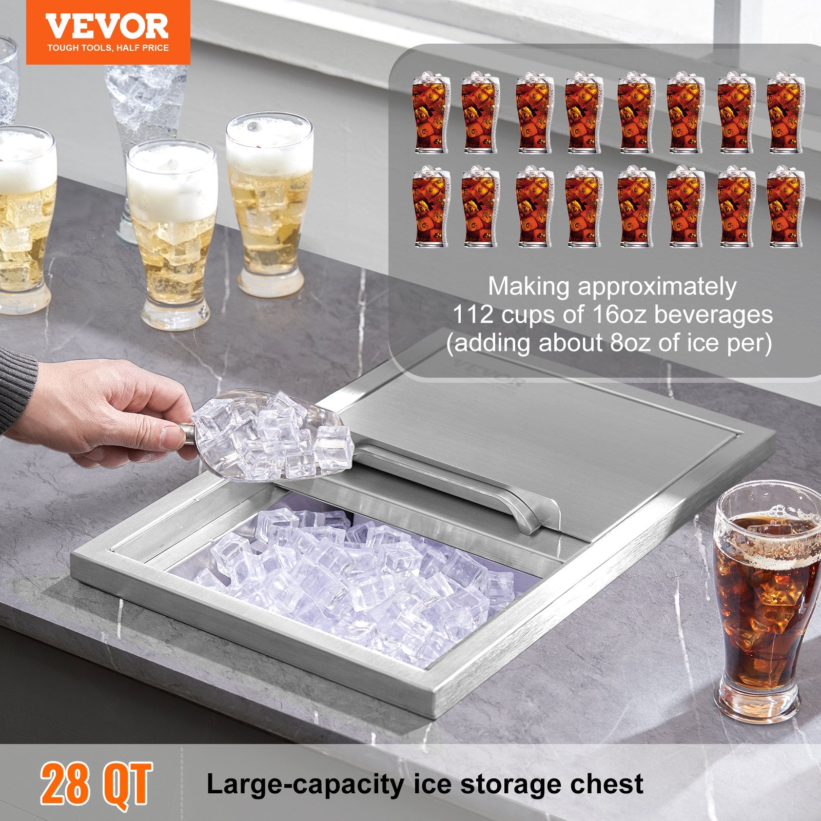 Men's Underwear & Socks: VEVOR Drop in Ice Chest, 18"L x 12"W x 14.5"H Stainless Steel Ice Cooler, Commercial Ice Bin with Sliding Cover, 40.9 qt Outdoor Kitchen Ice Bar, Drain-pipe and Drain Plug Included, for Cold Wine Beer