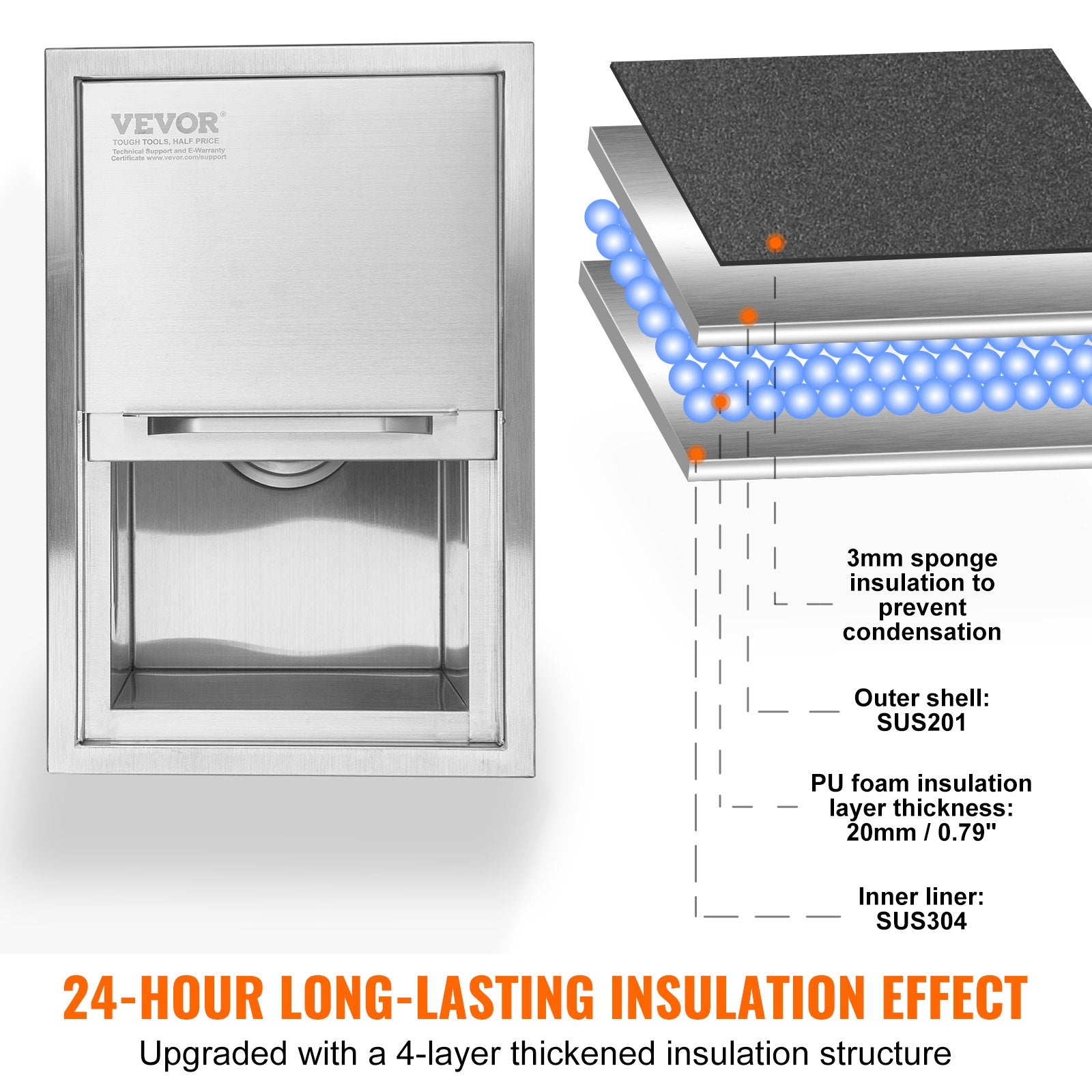 Men's Underwear & Socks: VEVOR Drop in Ice Chest, 18"L x 12"W x 14.5"H Stainless Steel Ice Cooler, Commercial Ice Bin with Sliding Cover, 40.9 qt Outdoor Kitchen Ice Bar, Drain-pipe and Drain Plug Included, for Cold Wine Beer