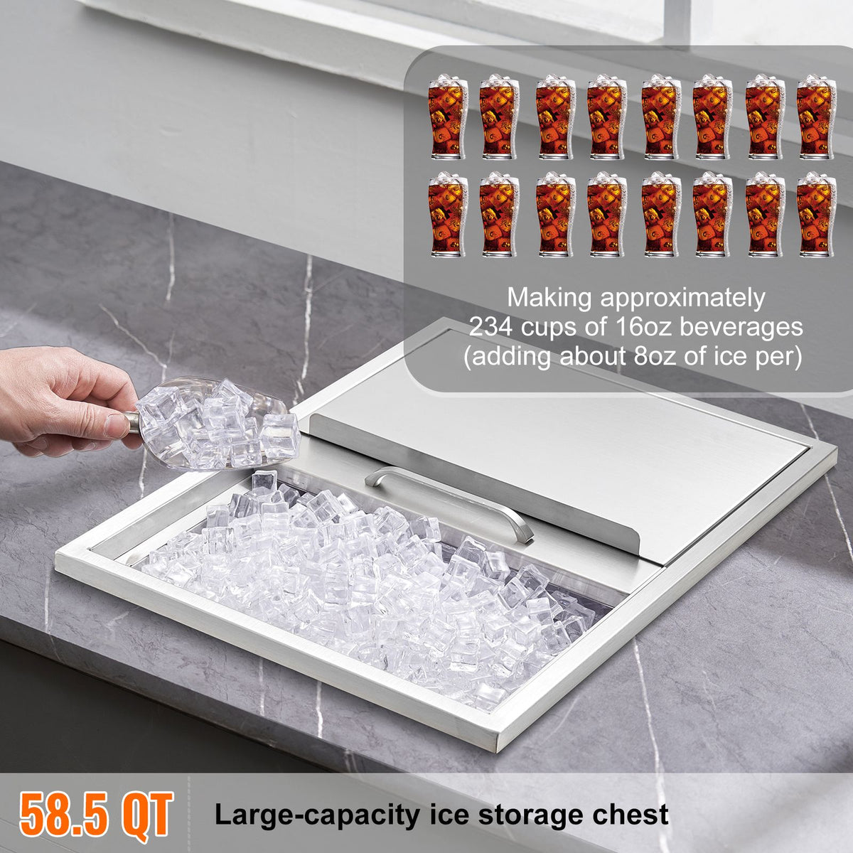 Drop in Ice Chest, 24"L x 18"W x 13"H Stainless Steel Ice Cooler, Commercial Ice Bin with Sliding Cover, 40.9 qt Outdoor Kitchen Ice Bar, Drain-pipe and Drain Plug Included, for Cold Wine Beer