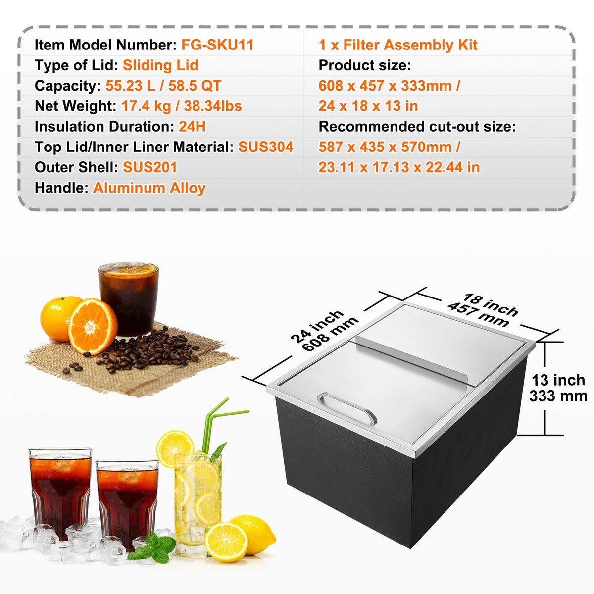 Drop in Ice Chest, 24"L x 18"W x 13"H Stainless Steel Ice Cooler, Commercial Ice Bin with Sliding Cover, 40.9 qt Outdoor Kitchen Ice Bar, Drain-pipe and Drain Plug Included, for Cold Wine Beer