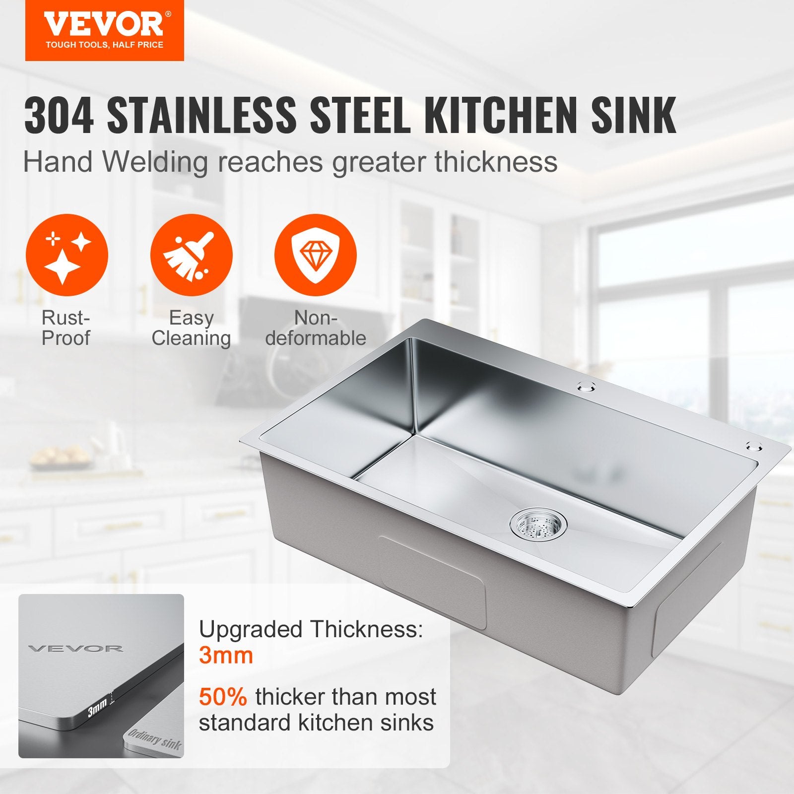 Kitchen Sink, 304 Stainless Steel Drop-In Sinks, Top Mount Single Bowl Basin with Accessories(Pack of 3), Household Dishwasher Sinks for Workstation, RV, Prep Kitchen, and Bar Sink, 33 inch