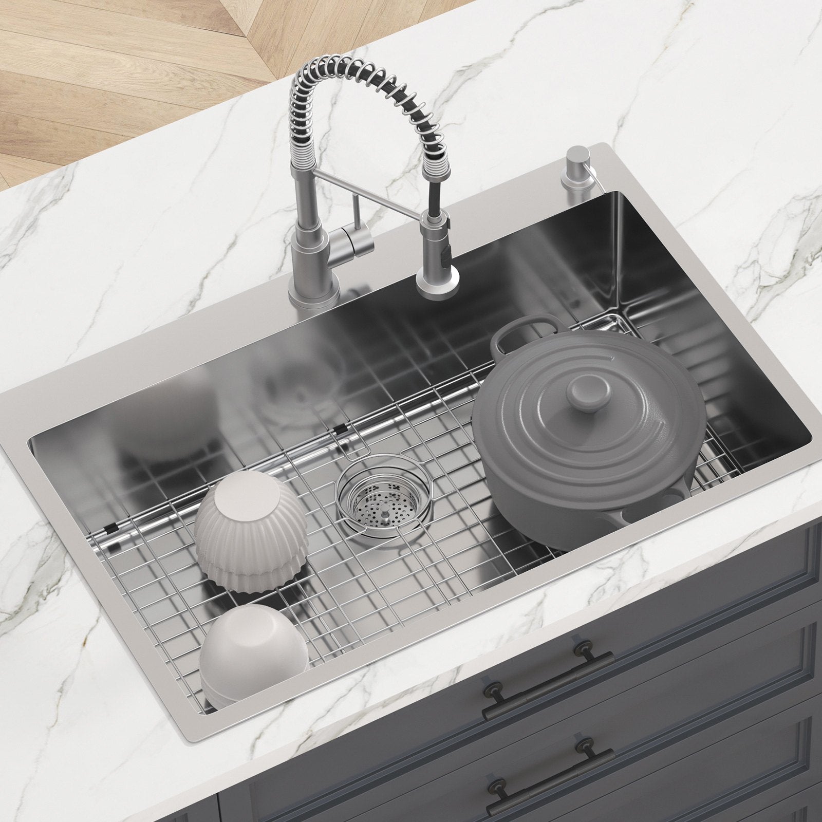 Kitchen Sink, 304 Stainless Steel Drop-In Sinks, Top Mount Single Bowl Basin with Accessories(Pack of 3), Household Dishwasher Sinks for Workstation, RV, Prep Kitchen, and Bar Sink, 33 inch