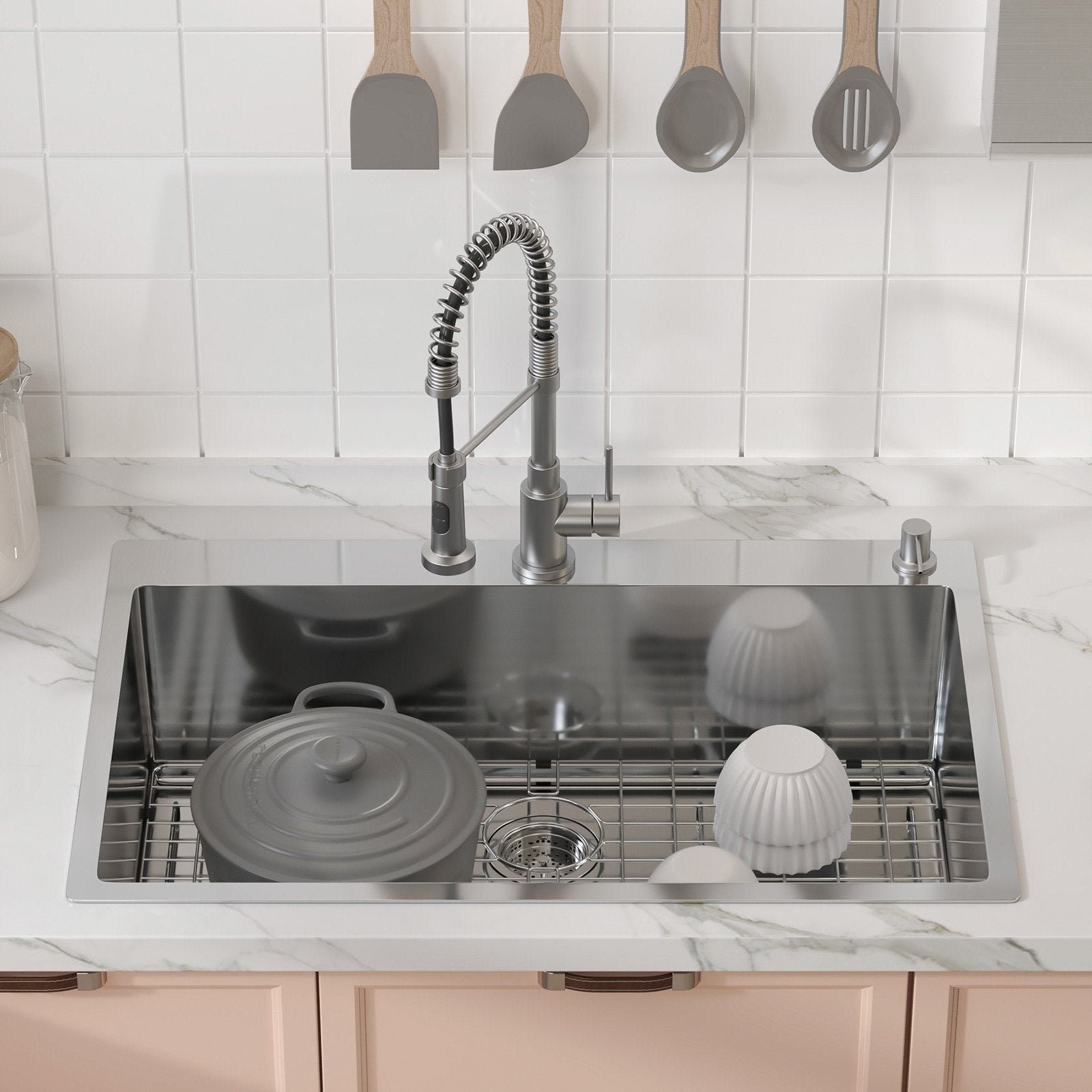 Kitchen Sink, 304 Stainless Steel Drop-In Sinks, Top Mount Single Bowl Basin with Accessories(Pack of 3), Household Dishwasher Sinks for Workstation, RV, Prep Kitchen, and Bar Sink, 33 inch