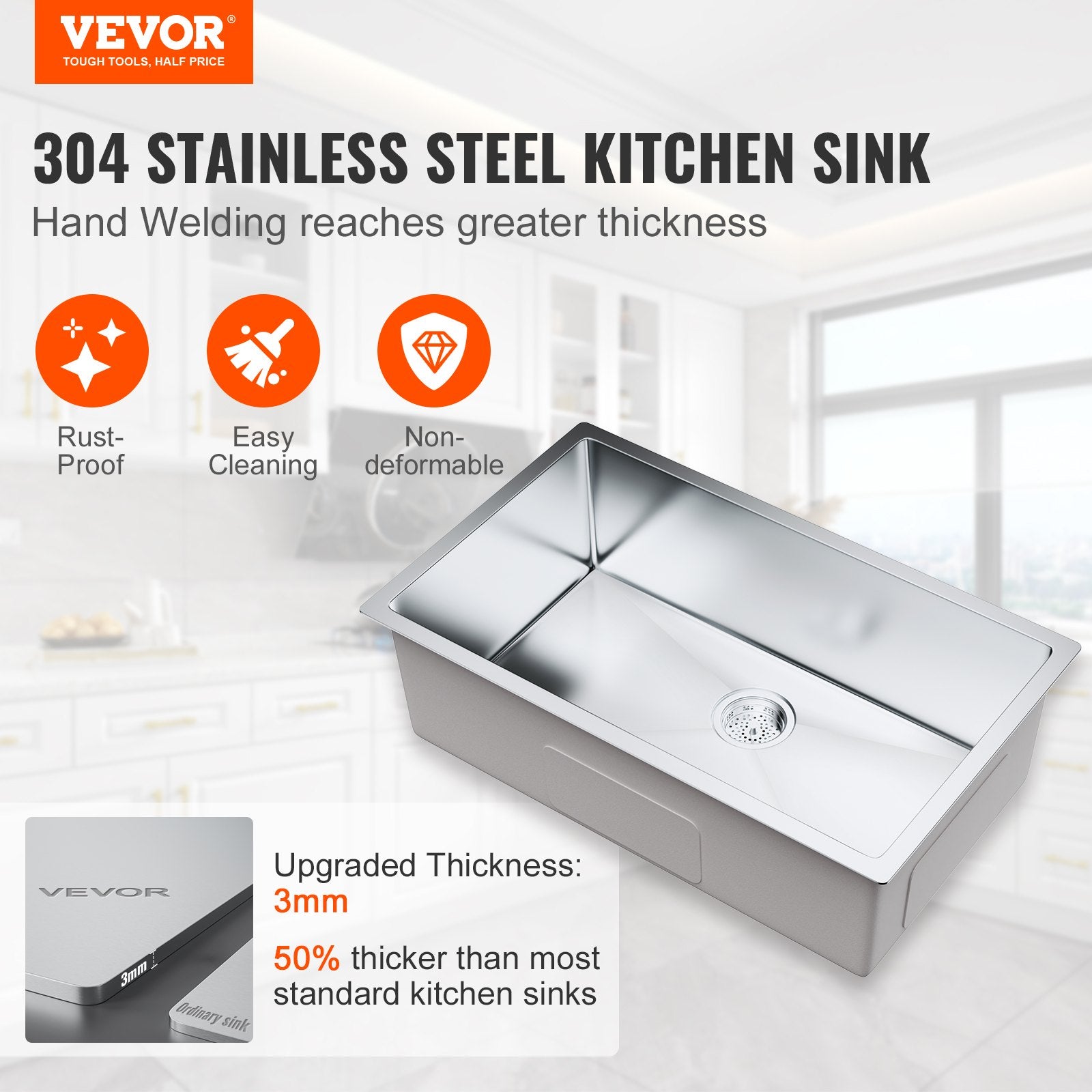 Kitchen & Bathroom DIY: VEVOR Kitchen Sink, 304 Stainless Steel Drop-In Sinks, Undermount Single Bowl Basin with Accessories(Pack of 3), Household Dishwasher Sinks for Workstation, RV, Prep Kitchen, and Bar Sink, 30 inch