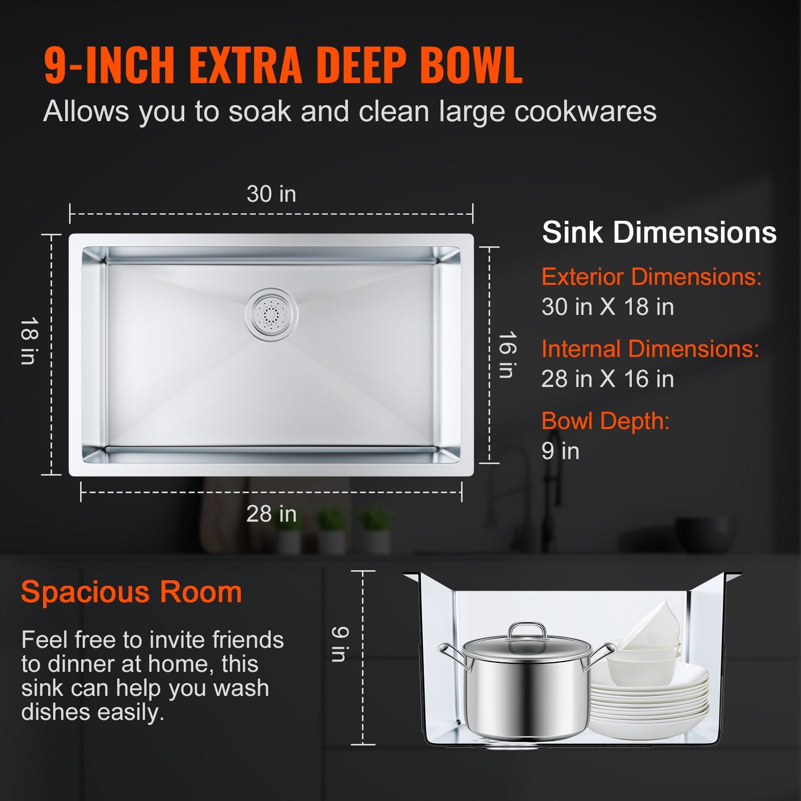 Kitchen & Bathroom DIY: VEVOR Kitchen Sink, 304 Stainless Steel Drop-In Sinks, Undermount Single Bowl Basin with Accessories(Pack of 3), Household Dishwasher Sinks for Workstation, RV, Prep Kitchen, and Bar Sink, 30 inch